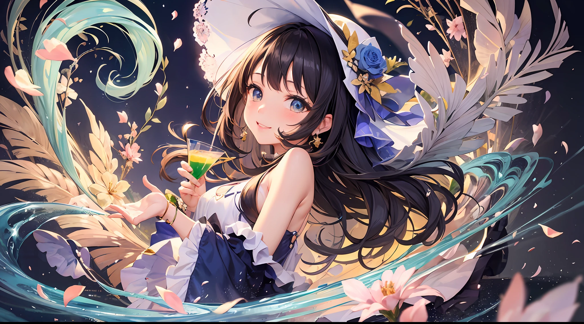 Anime girl with a flower in her hand and a bird in her hand - SeaArt AI