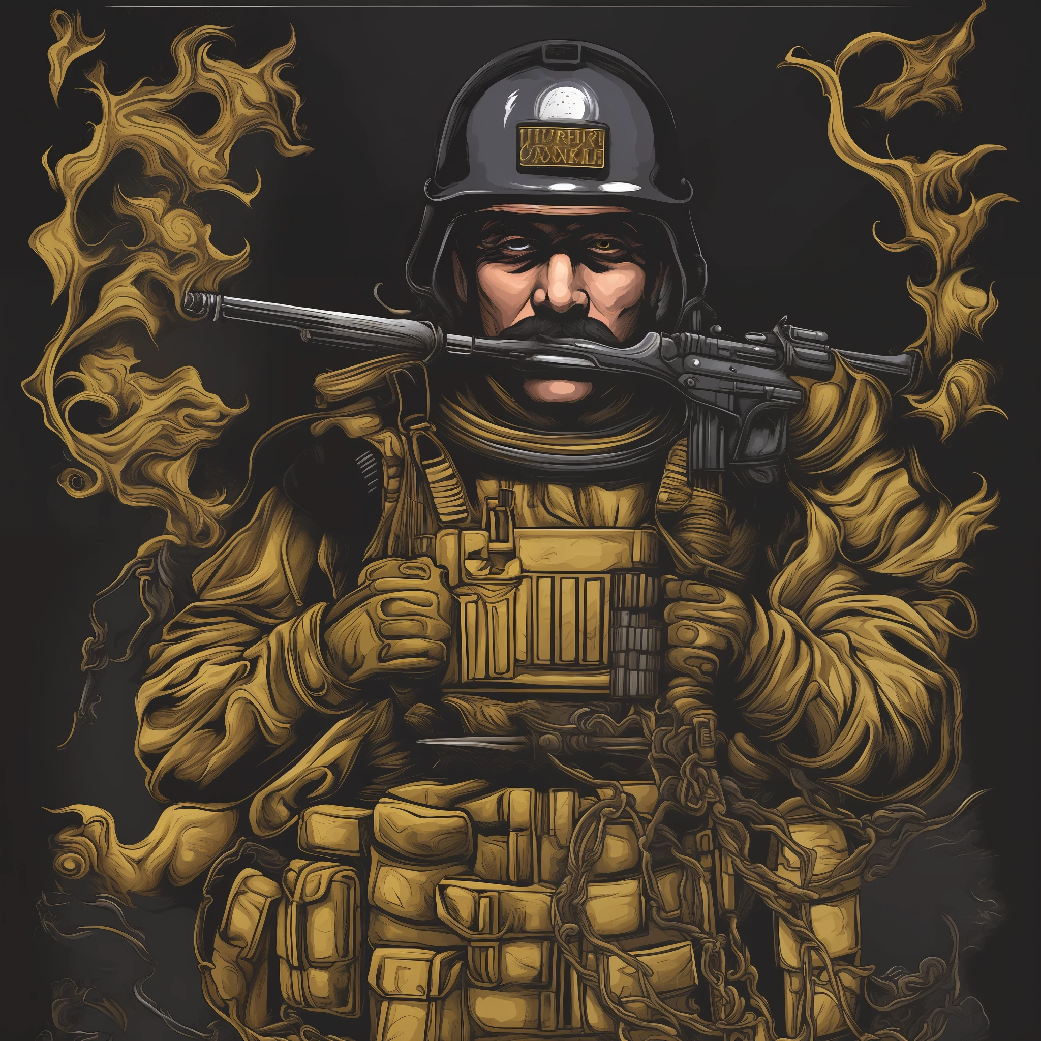 t-shirt art, 2D, ((black background :1, 5)), vector, vivid colors,
World War II soldier, masterpiece,best quality, intricate details, perfect symmetrical face, realistic details, gothic theme, rim light, moonlight, cinematic shading, Greg Rutkowisk