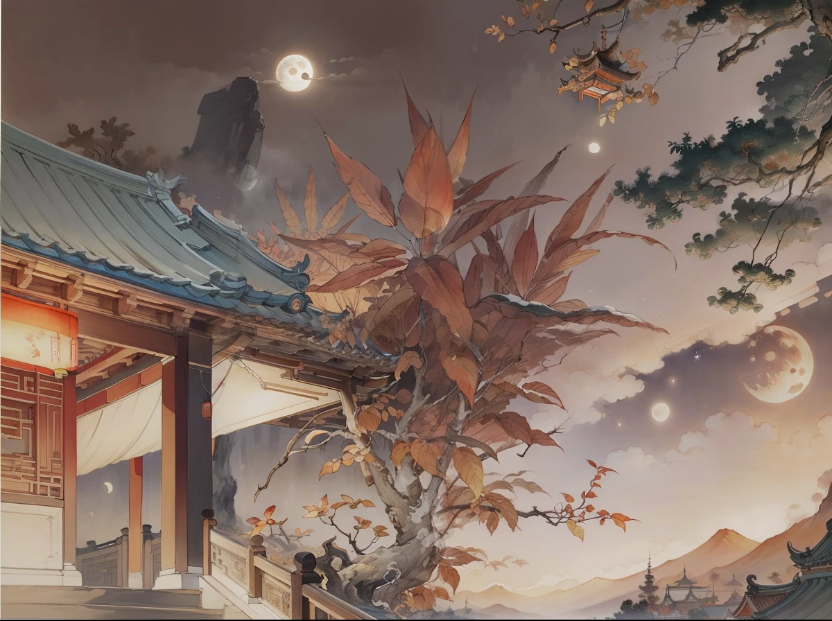 Ancient Chinese landscapes,Ancient buildings,Pavilions,Carved beams and paintings,enchanting scenery,Night,Moon light,Layered, Rich light and shadow,Mid-Autumn Festival, Ink painting style,clean color,Low-saturation colors,Colors of low brightness,Decisive cut,Leave white space,impressionistic,tmasterpiece,ultra - detailed,Epic composition, HighestQuali,hyper realisitc,Art germ --v 6