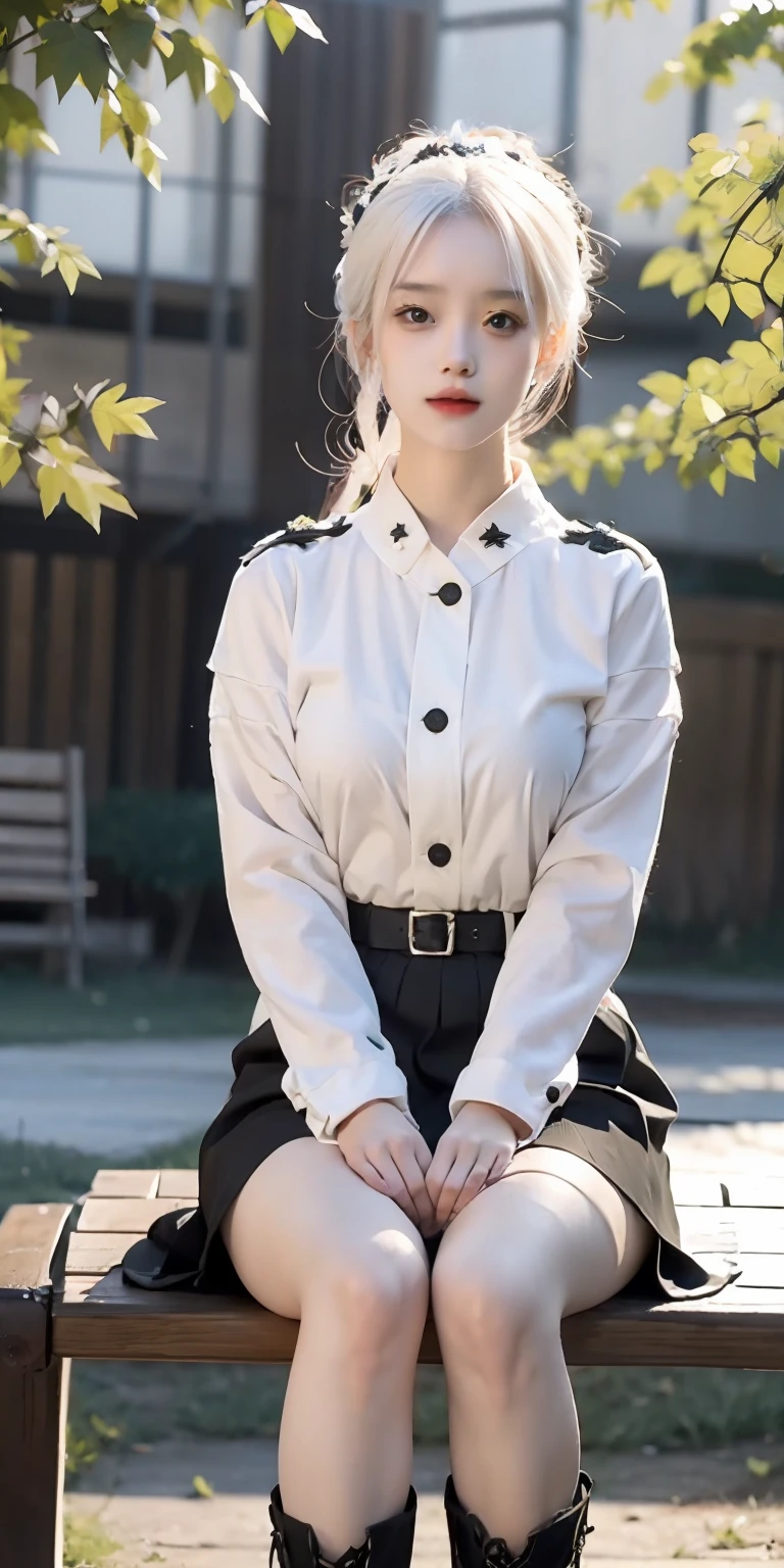 Soldiers, White hair, girly, Wearing a short skirt, black coat, Boots above the knee, Maple leaf, Maple Forest, evening, Sitting on a bench., In the Park, natta, Anatomically accurate., textured skin, Masterpiece, ccurate, High Quality, High Detail, super detaill, Best Quality, high resolucion, 16 k, UHD, 1Girl, mix4, Black stockings,