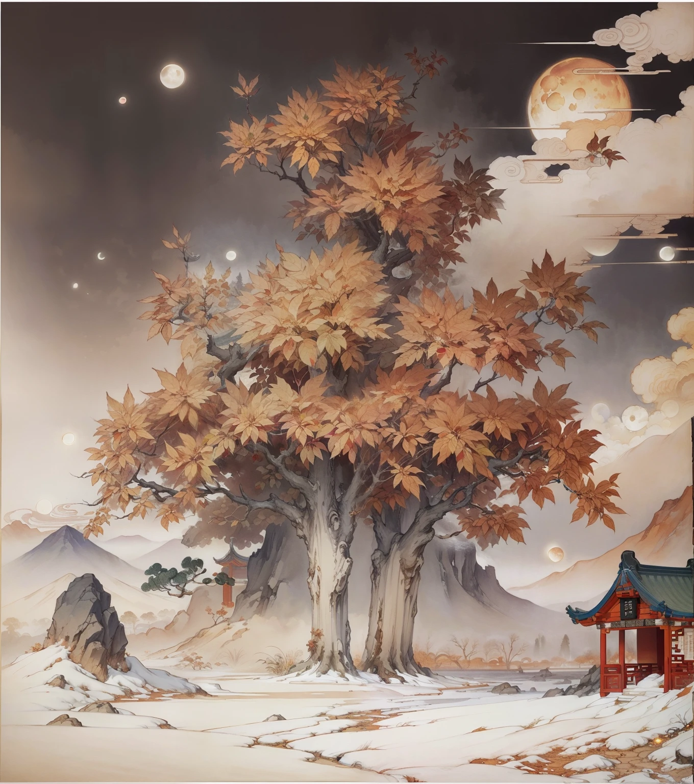 Ancient Chinese landscapes,Ancient buildings,Pavilions,Carved beams and paintings,enchanting scenery,Night,Moon light,Layered, Rich light and shadow,Mid-Autumn Festival, Ink painting style,clean color,Low-saturation colors,Colors of low brightness,Decisive cut,Leave white space,impressionistic,tmasterpiece,ultra - detailed,Epic composition, HighestQuali,hyper realisitc,Art germ --v 6