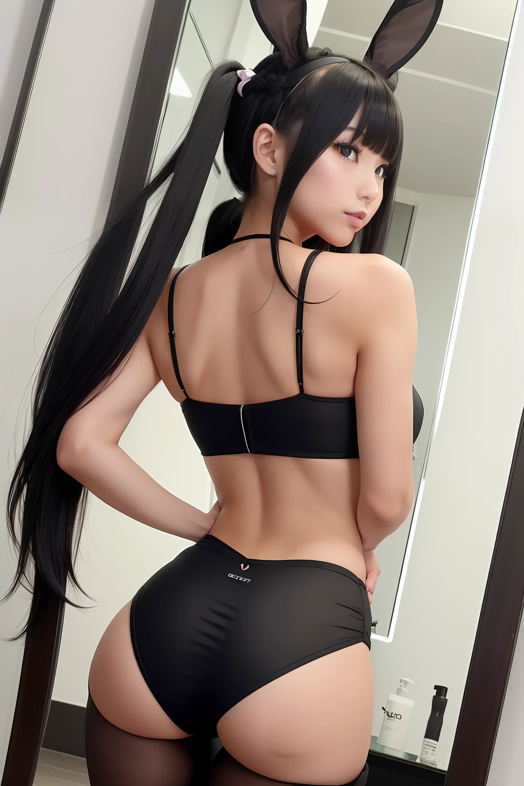 (((Black Bunny Girl Hair Band)))、(((Twin-tailed)))、(((Hair that flutters in the wind)))、Photorealsitic、超A high resolution、Convoluted、ultra-detailliert、(dent in the skin)、Cute、Feminine、Detailed body、Medium chest、(A detailed face: 1.1)、(Outline of the iris)、(Hydrocore Lens)、(perfect eyes)、4K、Beautiful fece、(masterpiece: 1.2)、(top-quality:1.2)、Multiple beautiful women、wide-hips、slenderbody、doress、ふしだらな、Pose Seductive、stripper、In a club、Dancing、Black theme、crouching down、(((Open your crotch)))、Optimal ratio of 4 fingers to 1 thumb、actionpose、(((Mirror wall at back.)))
