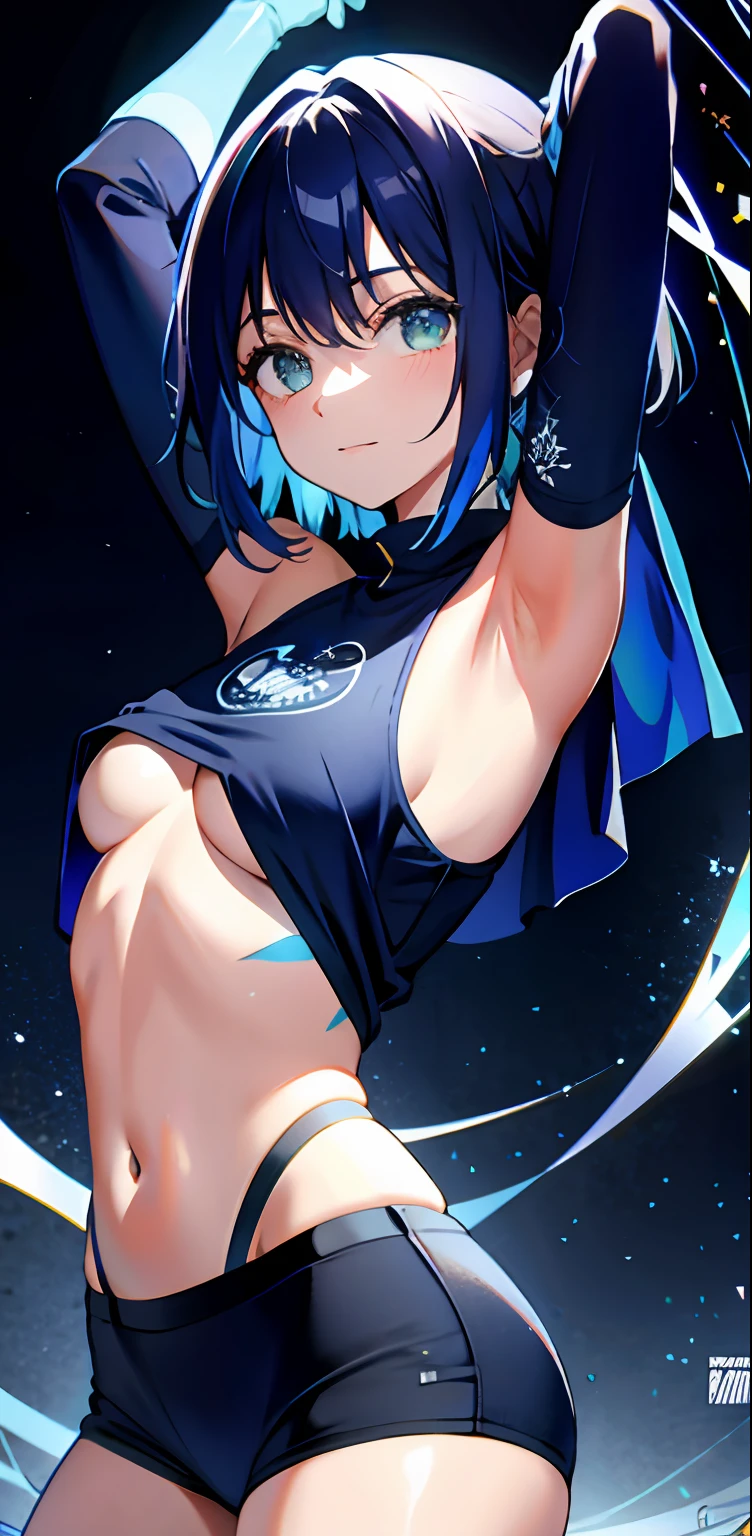 fondo detallado, obra maestra, mejor calidad, sonrisa, adorno, grandes senos y gran trasero, sudadera con capucha, What you notice the breasts above the sweatshirt, retrato, blue neon, graffiti, oscuro, noche, ojos brillantes, luz negra, presenting armpit, nipples, arm up, armpits, clothes flipped