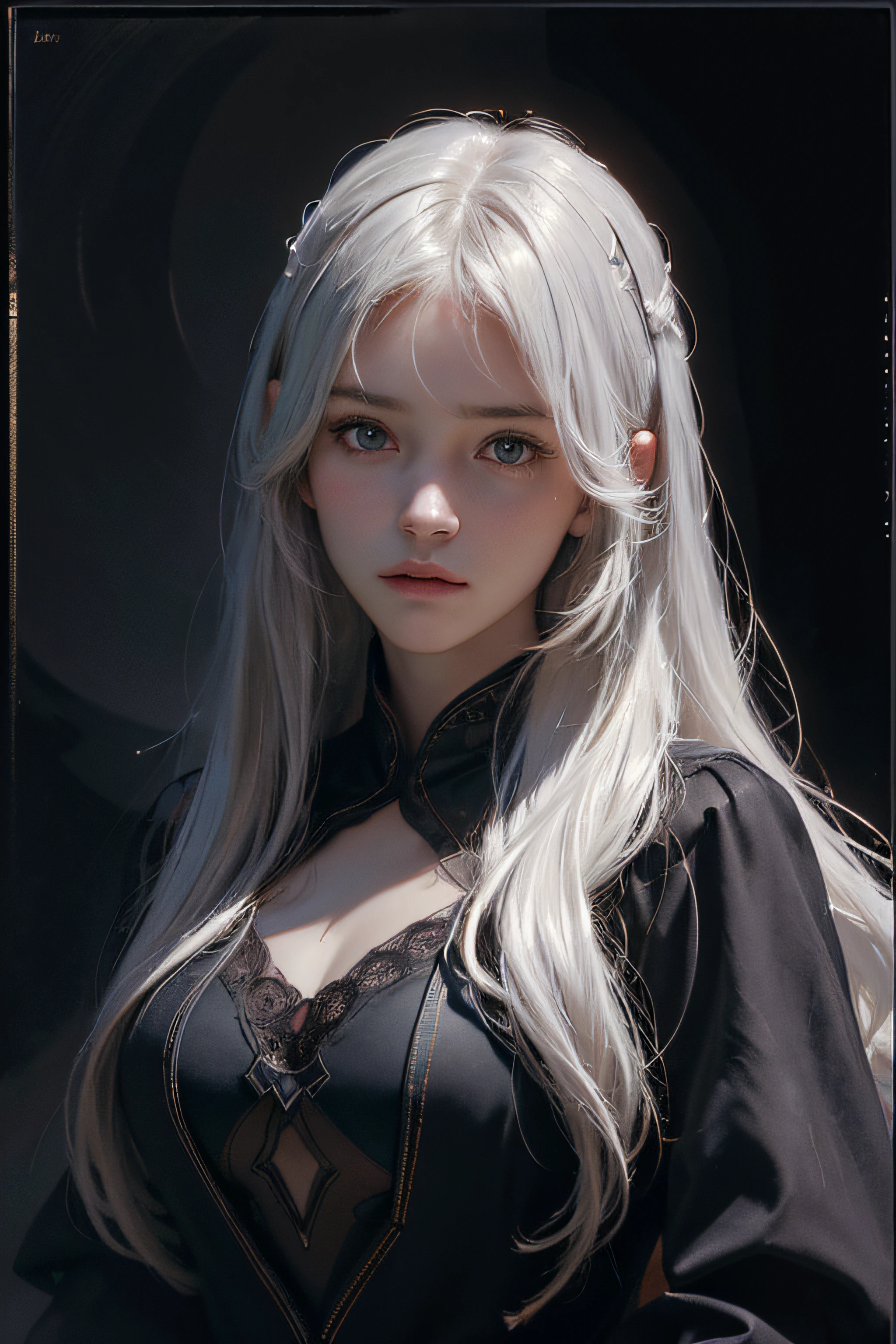 (front focus),(in the dark:1.6), Hyperrealist portrait of female by david hockney and alphonse mucha,fantasy art, photo realistic, dynamic lighting, artstation, poster, volumetric lighting, very detailed faces, 4 k, award winning,, 1girl, in the dark, deep shadow, low key,cowboy shot,(official clothing:1.4) ,long hair,white hair,