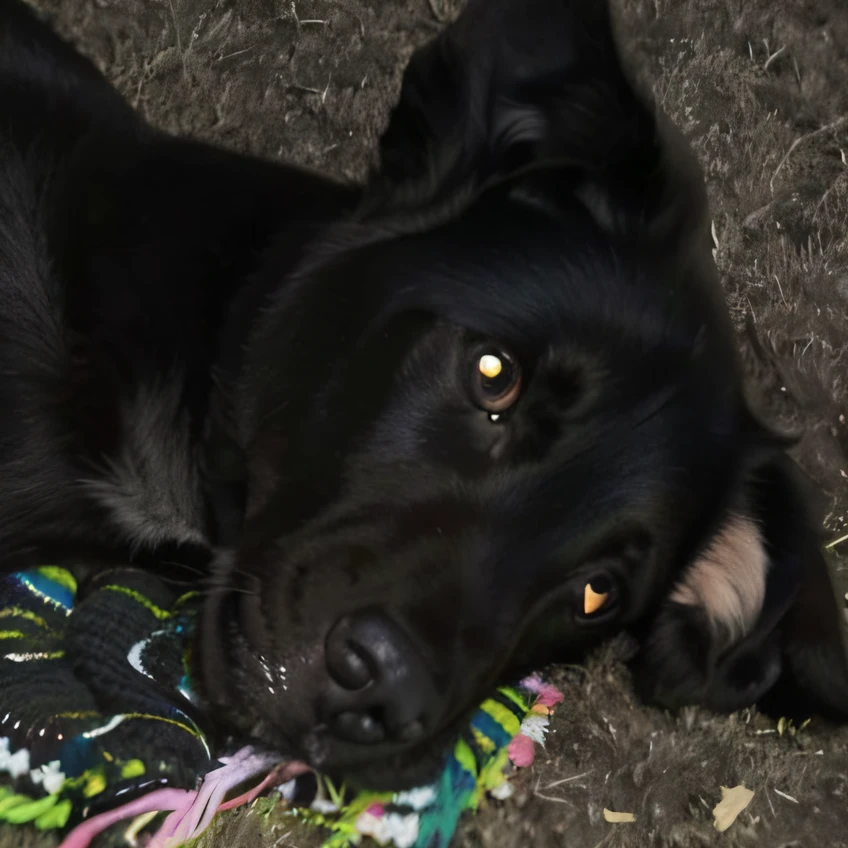 There is a black dog lying on the floor with a toy, Looking towards the camera, muito bonito, olhar orgulhoso, um bonito, grandes olhos totalmente negros, grande inteiramente - olhos negros, olhando parcialmente para a esquerda, black dog, pimenta, Very detailed!, aw, Directed by: Ivan Ranger, imagem muito detalhada, muito bobo olhando, head shoot