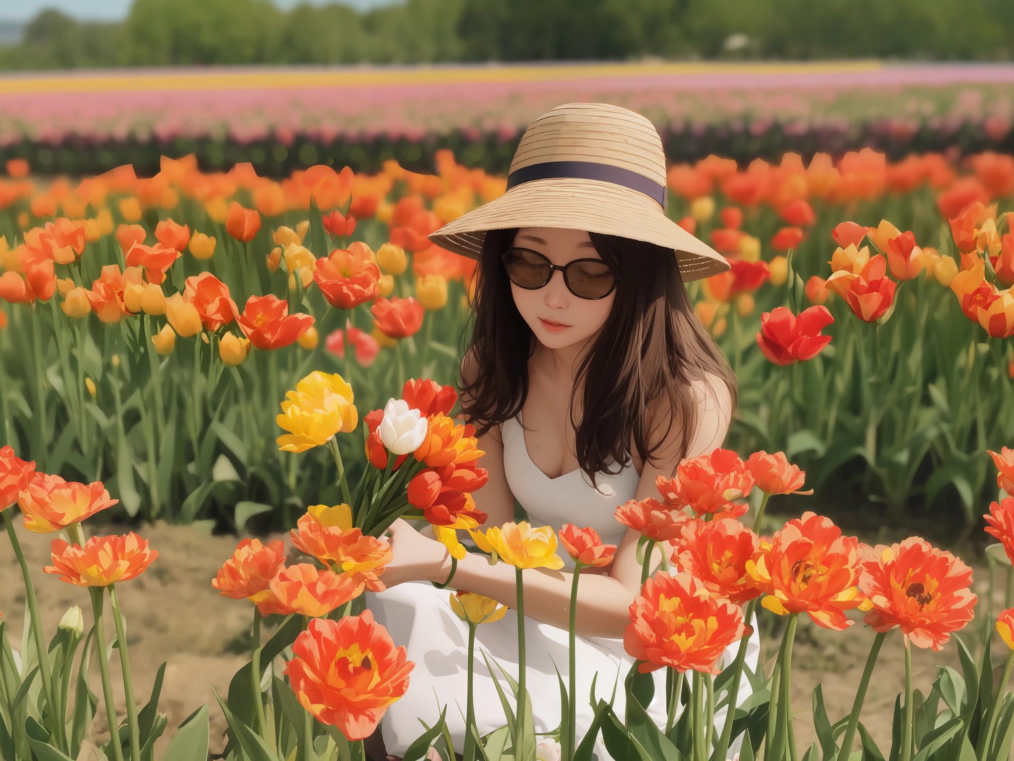pretty 28 year old chinese woman wearing a sun hat and sunglasses kneeling in a field of tulips, tall and slim, wearing a white sleeveless halter dress, holding a bouquet of tulips, girl in a tulip field, girl in flowers, girl kneeling in a tulip field, in a field of flowers, picking flowers, girl standing in a flower field