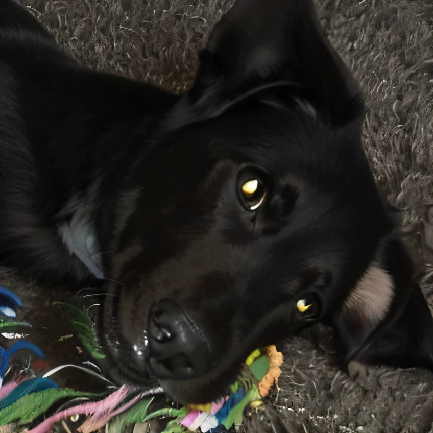 There is a black dog lying on the floor with a toy, Looking towards the camera, muito bonito, olhar orgulhoso, um bonito, grandes olhos totalmente negros, grande inteiramente - olhos negros, olhando parcialmente para a esquerda, black dog, pimenta, Very detailed!, aw, Directed by: Ivan Ranger, imagem muito detalhada, muito bobo olhando, head shoot
