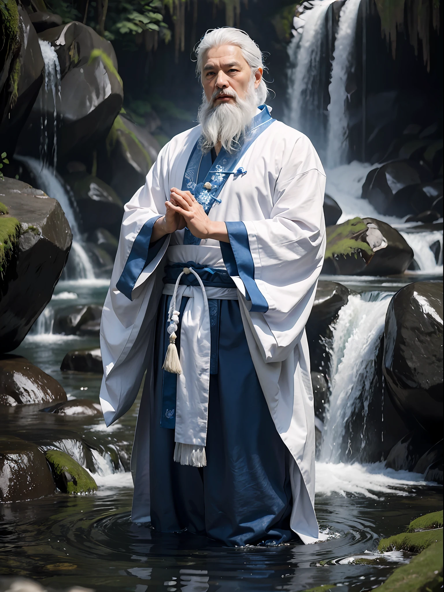 A Taoist priest, 65 yeas old, White hair and beard, standing in water, had his hands folded, Next to it is a barrier formed by water, The background is a waterfall, serious, Eye-Level Shot, Sony FE GM, masterpiece, anatomically correct, super detail