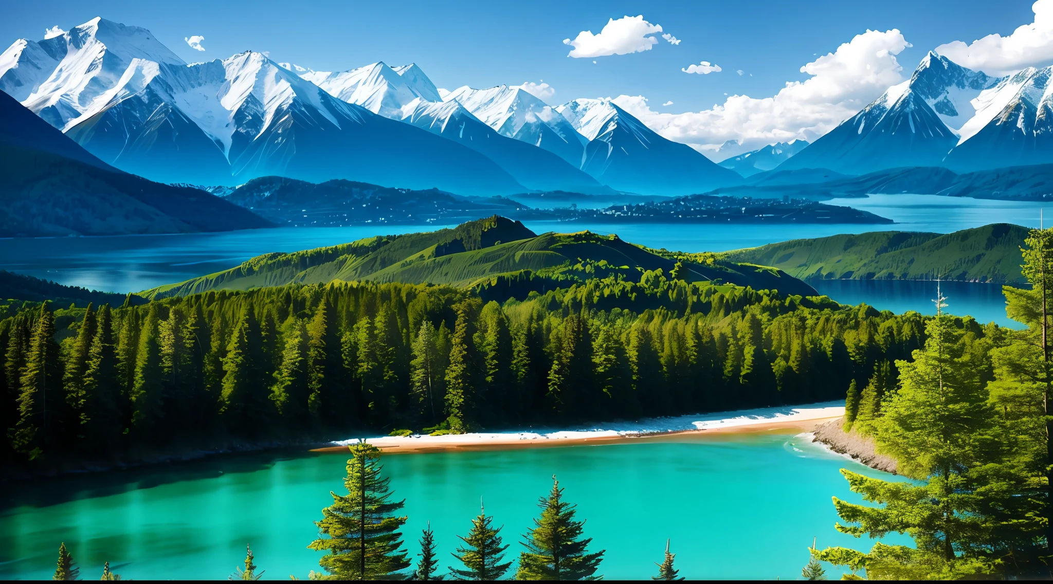 mountains, sea, forest