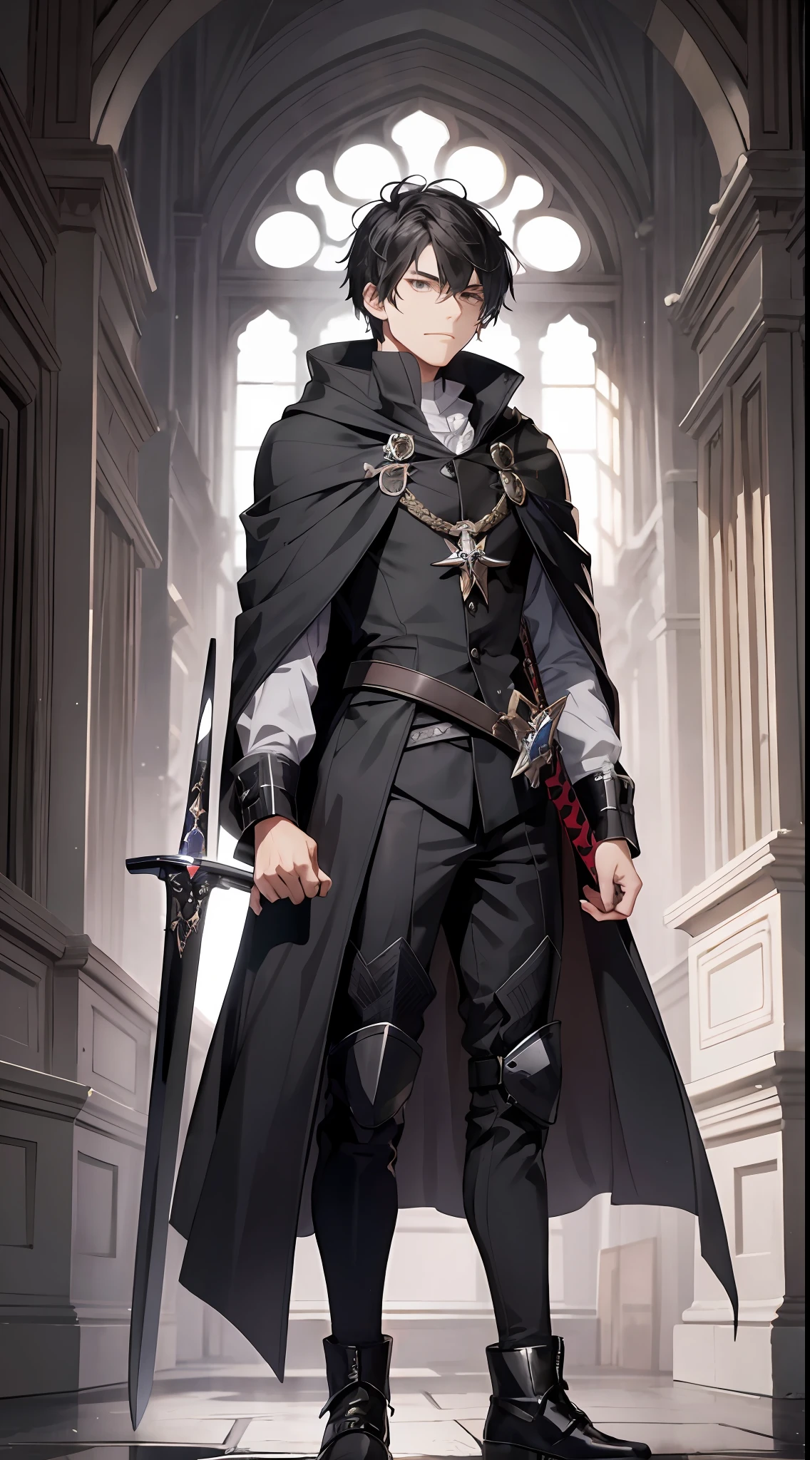 Young men,disdainful expression,Full body like,A high resolution,(tmasterpiece:1.4),Hyper-detailing,,Neat short black hair,a black cloak,Holding a long sword