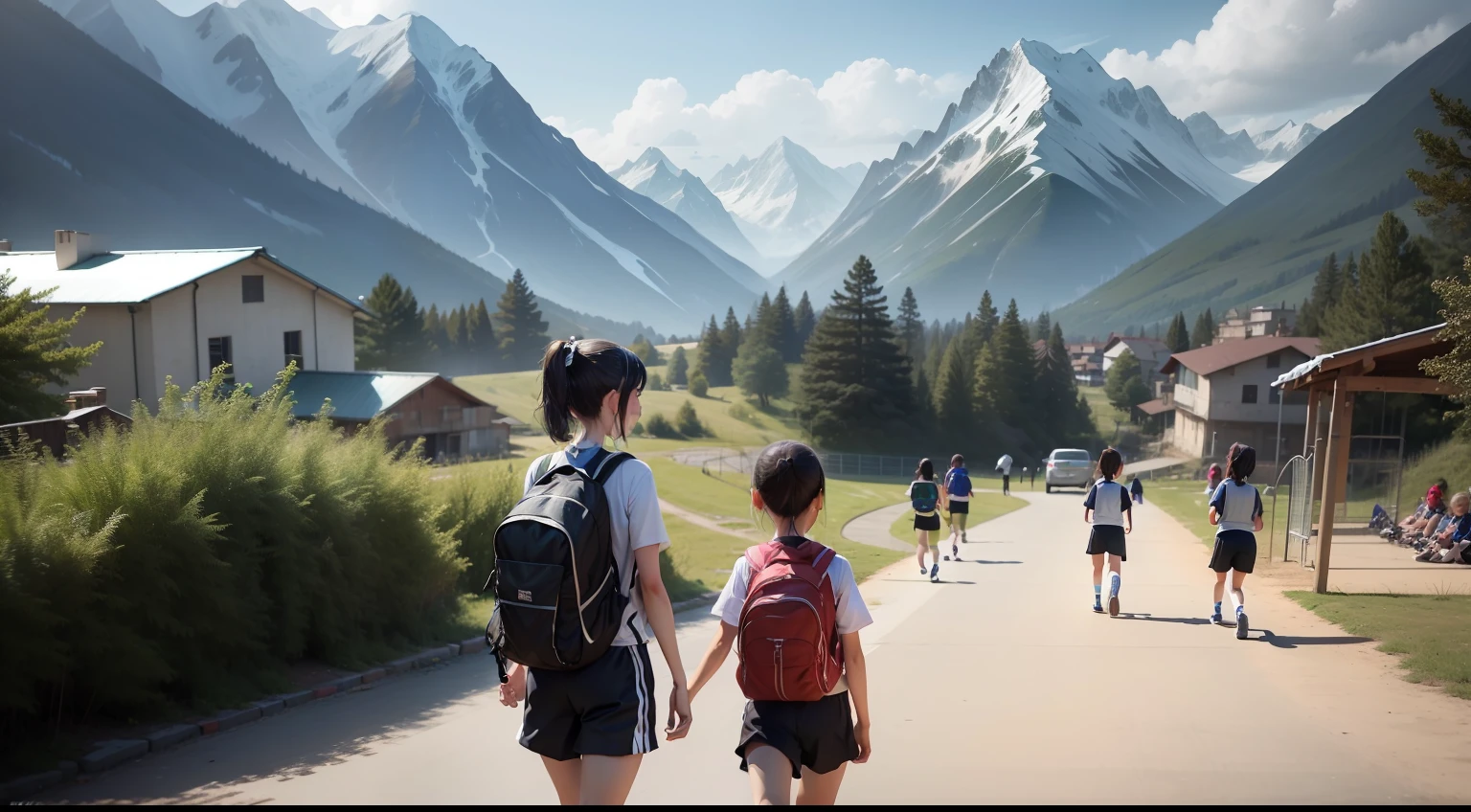 mountainous terrain,Gamine,Lots of kids,Broken school,playground,Carry a backpack,white short sleeve,track pants,High ponytail