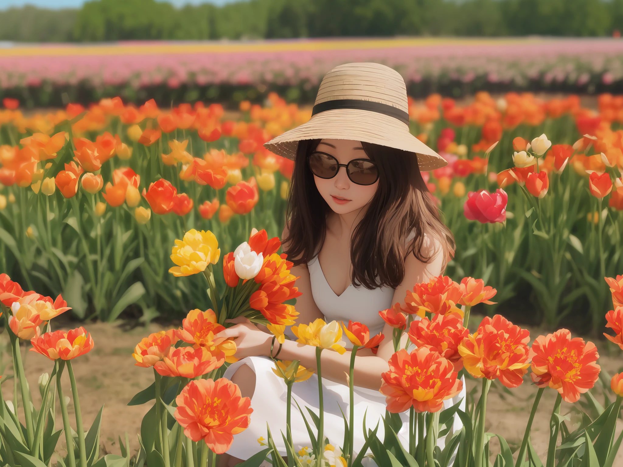 pretty 28 year old chinese woman wearing a sun hat and sunglasses kneeling in a field of tulips, tall and slim, wearing a white sleeveless halter dress, holding a bouquet of tulips, girl in a tulip field, girl in flowers, girl kneeling in a tulip field, in a field of flowers, picking flowers, girl standing in a flower field
