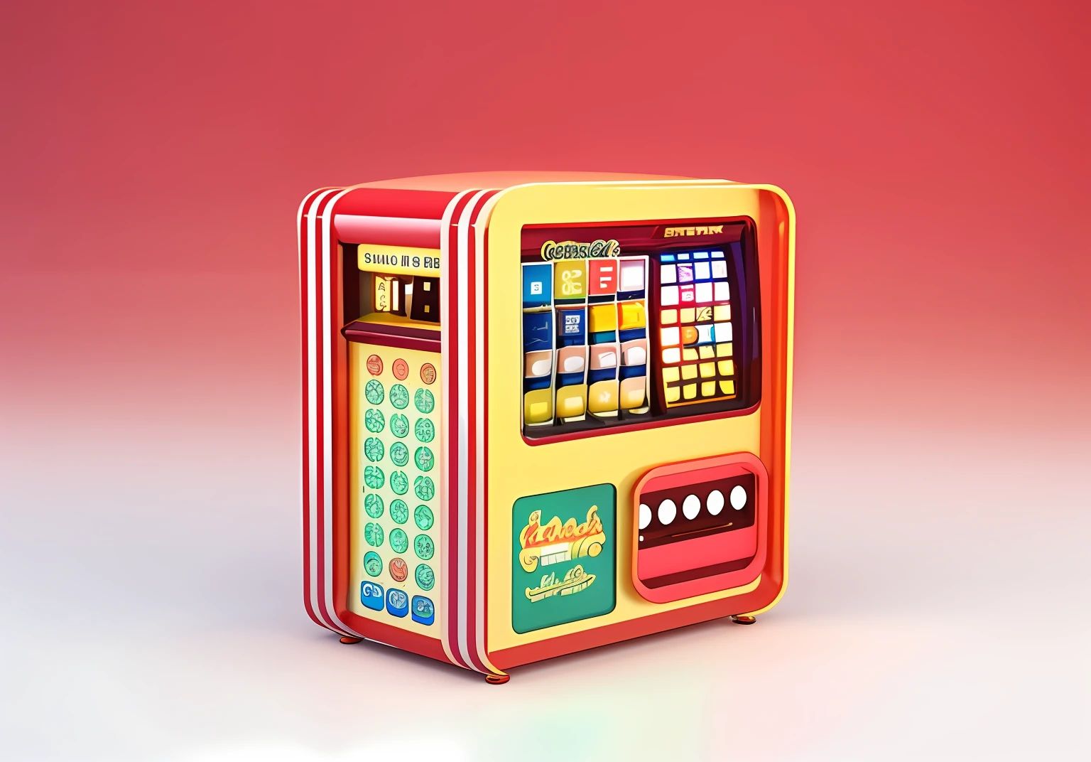 Close-up of the Mark Six lottery with display,The fuselage carries elements of a lottery ticket,vending machines,sci-fi vending machine,3D product render,There can be some specific description scenes on the machine,por exemplo, Someone goes to the lottery machine to buy some lottery ticket scratches,Or some mix of elements that describe buying lottery scenarios, Product rendering,Stylistic references attract attention,Bright,Iconic elements of fashion,There are reasonable ones on the fuselage, Such as lotteries,Scratch music,And so on and so forth,The overall color is mainly red and yellow,Color distribution is 50 each%,lottery ticket,Scratch music,Mark Six has a little more elements,A little diversified
