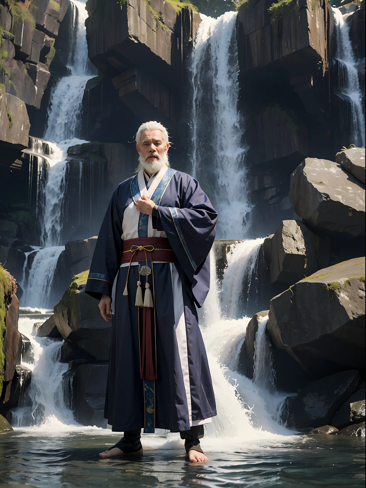 A Taoist priest, 65 yeas old, White hair and beard, standing in water, had his hands folded, Next to it is a barrier formed by water, The background is a waterfall, serious, Eye-Level Shot, Sony FE GM, masterpiece, anatomically correct, super detail