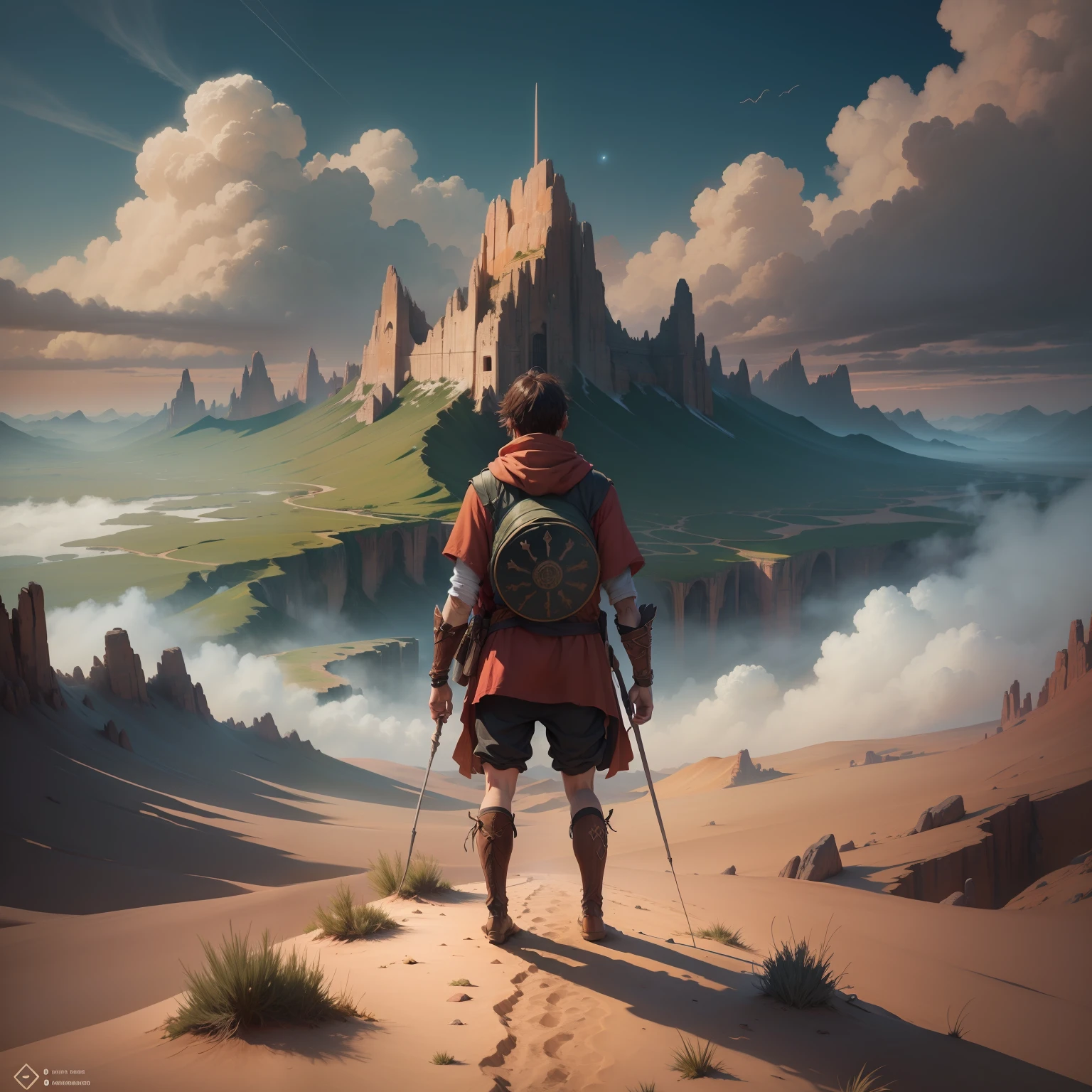 Draw a lonely character on an epic journey through unknown lands, com paisagens variadas, From mountains to deserts, Showing determination
