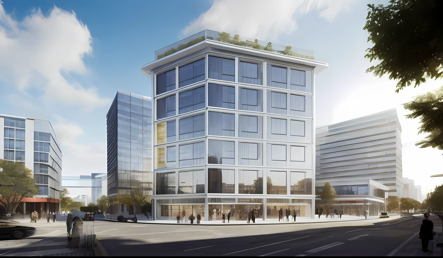 Rendering of a large glass building with many windows, sharp hq rendering, from street level, sharp foccus ilustration hq, precise architectural rendering, wide angle exterior 2022, taken in the early 2020s, mantra rendering, Location shooting, building rendering, artstation hq, Office building, artistation render, sharp focus ilustration hq