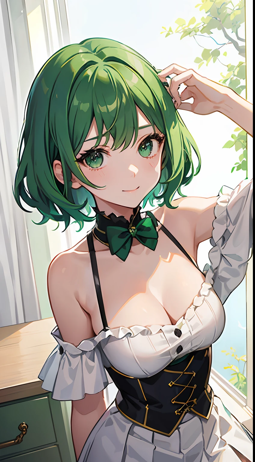 Green hair,short detailed hair,bit girl,ars old,Overlooking,年轻,bshoulders,鎖骨,Close-up,cleavage,(Off-the-shoulder outfit1.2),libraryai,(white skirt),ssmile,Be red in the face,Energetic,sport