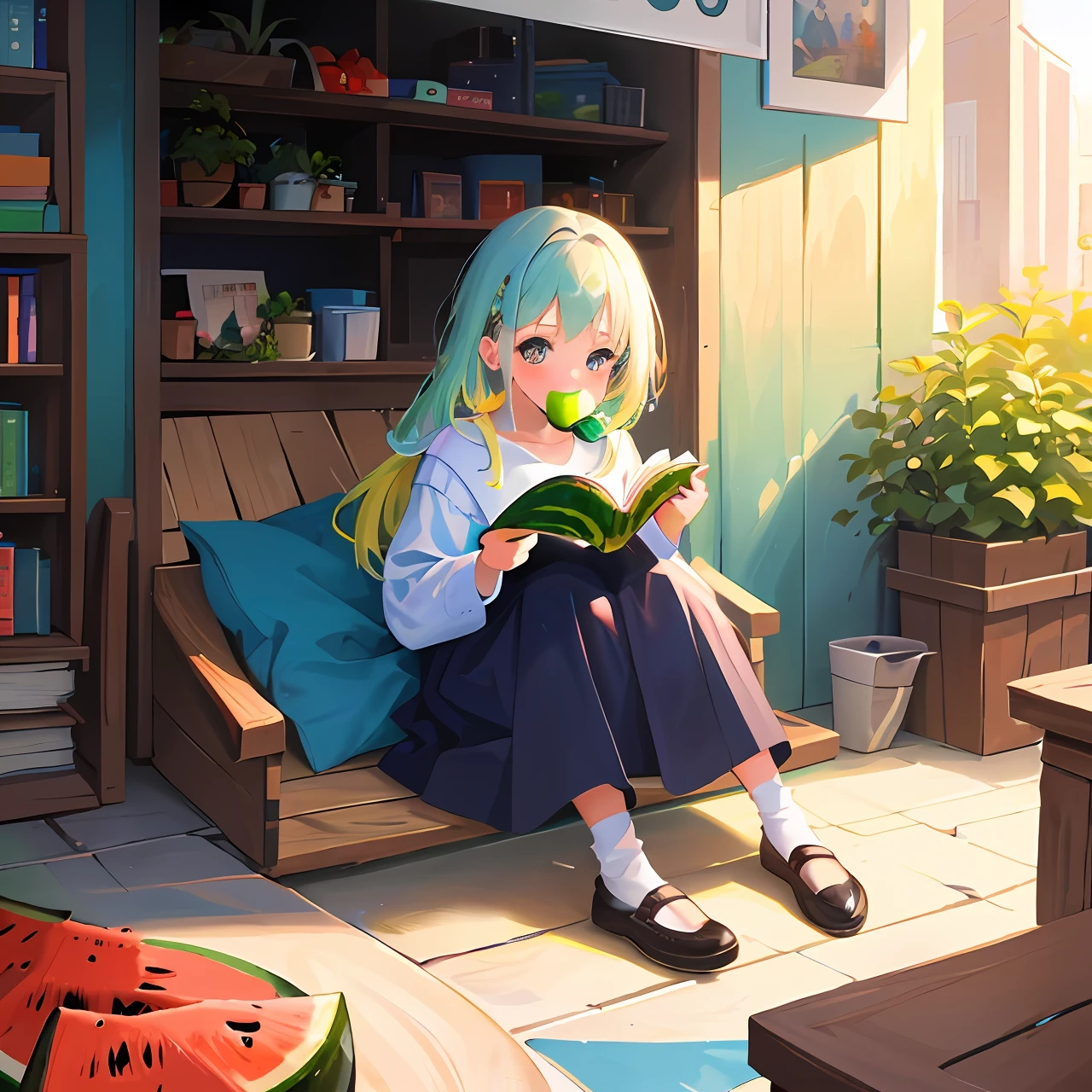 A cute little girl，Sit on the ground floor of the room，Eat watermelon，There are books on the ground，a plant，There is a picture on the wall