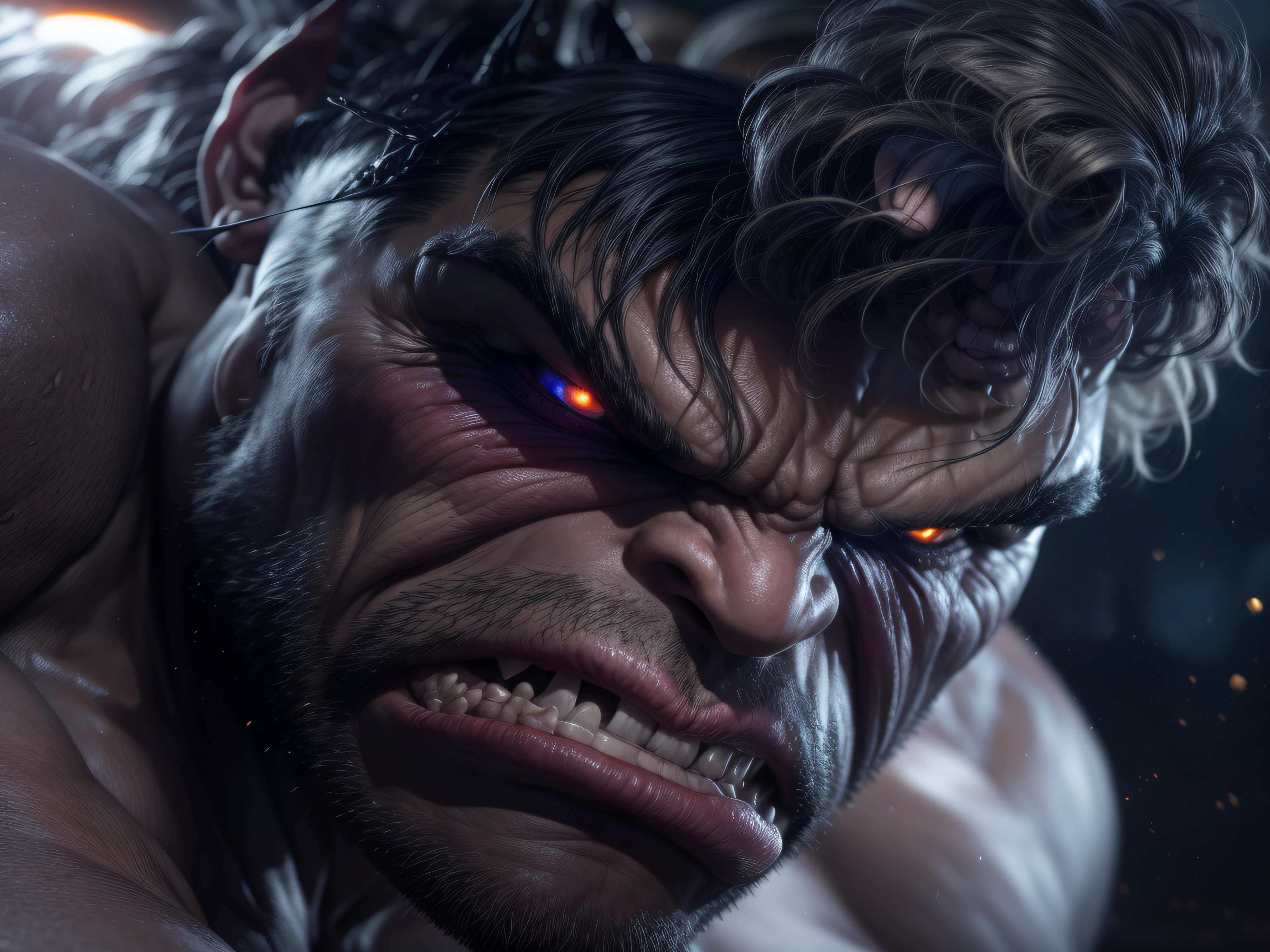 Close a powerful threat, The imposing appearance of the mighty Hulk, menacing stare, ricamente detalhado, Hiper realista, 3D-rendering, obra-prima, NVIDIA, RTX, ray-traced, Bokeh, Night sky with a huge and beautiful full moon, estrelas brilhando, 8k,