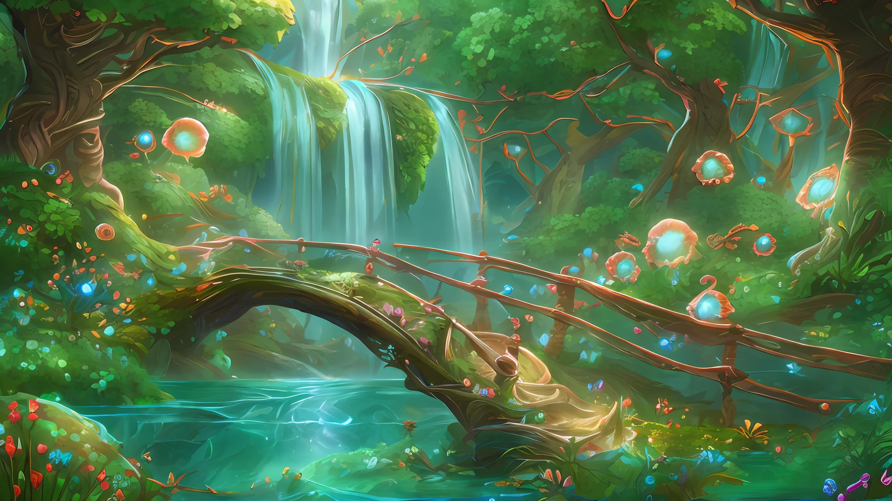 Digital painting, smooth, High quality, highly detailed sketch, magic, Flower Bridge, (Glowing balls:1.1) In the middle, (green forest:1.2), waterfallr, (spirit tree:1.1), (fish eye:1.3),