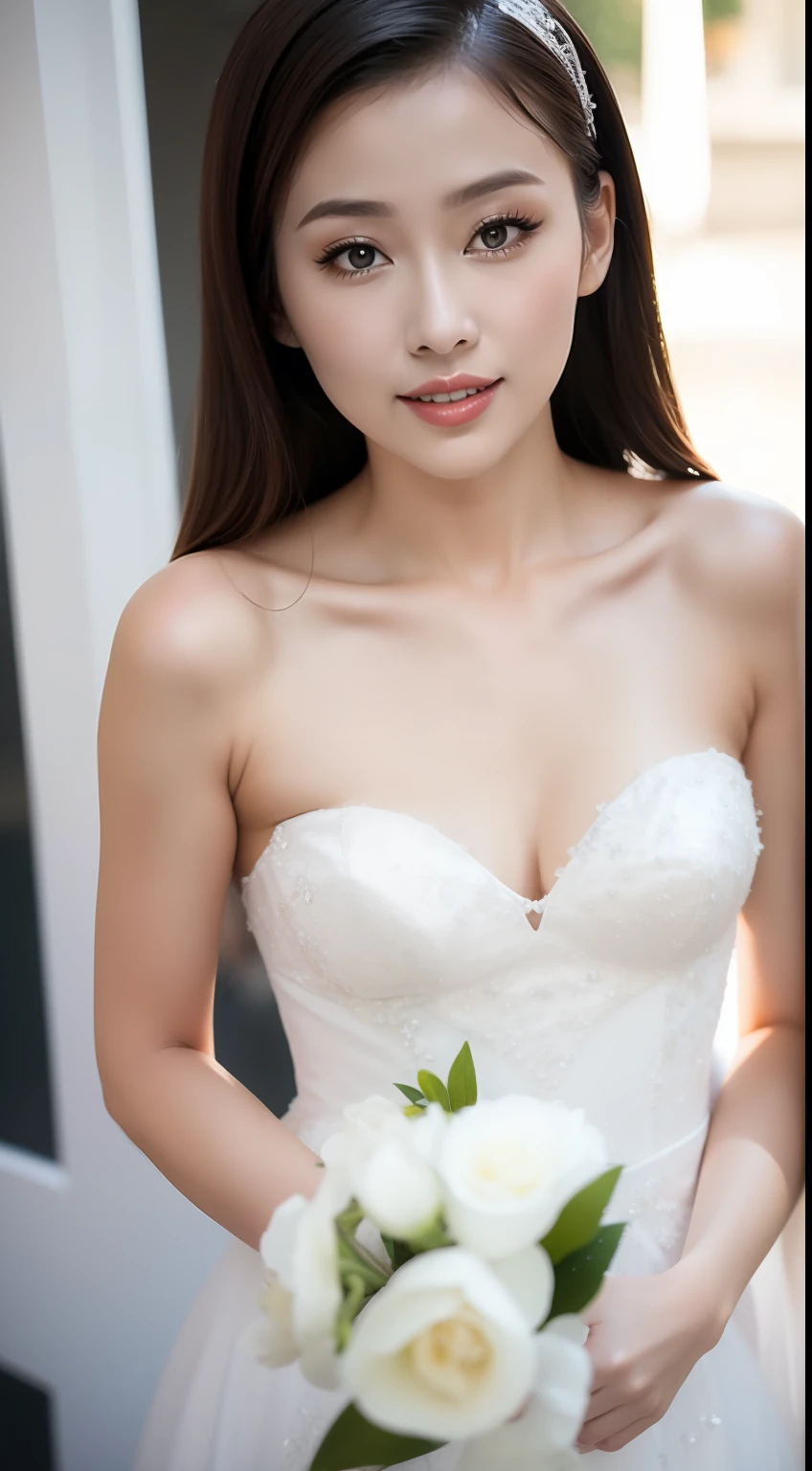 Fashion model 18 years old [[[[closeup cleavage]]]], [[[[boobgasm]]]], [[[[coll]]]], [[[[bshoulders]]]], perfect  eyes, Perfect iris，Perfect lips，perfect teeth，Perfect skin，Long face，Soft front light，hdr，Movie girl,wedding gown，（pastel colour：1.2）