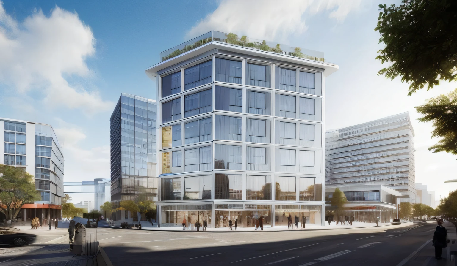 Rendering of a large glass building with many windows, sharp hq rendering, from street level, sharp foccus ilustration hq, precise architectural rendering, wide angle exterior 2022, taken in the early 2020s, mantra rendering, Location shooting, building rendering, artstation hq, Office building, artistation render, sharp focus ilustration hq
