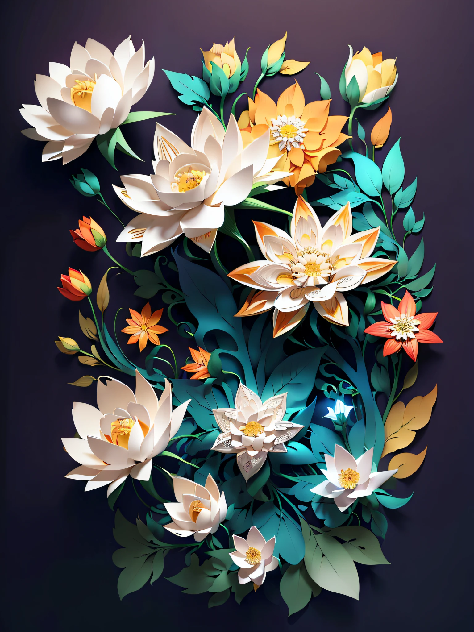 (((masterpiece))),best quality, illustration,beautiful detailed glow, flowers,white background, paper_cut,