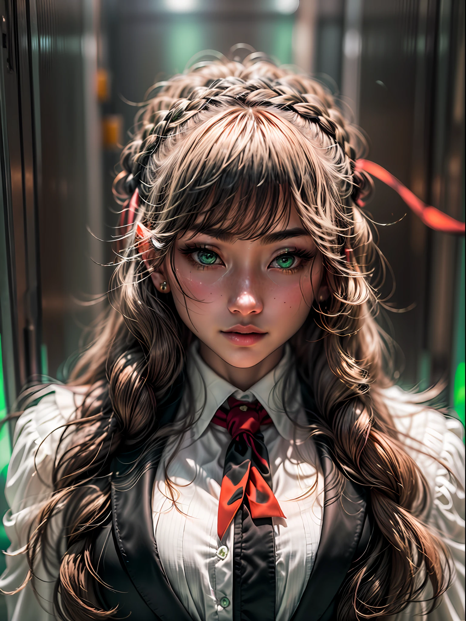 (masterpiece, high resolution:1.3), (portrait of a Japanese woman with long hair adorned with multiple braids and red ribbons:1.3), (her striking green eyes shining brightly:1.1), (Sony Alpha 7R IV camera, known for its exceptional image quality and detail:1.2), (paired with the Sony FE 85mm f/1.4 GM lens:1.2), (her flawless skin and expertly makeup-enhanced lips:1.3), (dressed elegantly in a black blazer and white blouse:1.3), (wearing a long black skirt:1.3), (inside the elevator, with perfect illumination on her face:1.2), (the camera and lens combination ensuring sharpness and clarity in the portrait:1.2), (the blazer and skirt exuding professionalism and style:1.2), (her long hair with red ribbons adding a touch of charm:1.1), (her green eyes reflecting a sense of allure and mystery:1.1), (her facial features beautifully illuminated, capturing her essence:1.1), (the elevator creating a sense of solitude and introspection:1.1), (the portrait showcasing her poise and grace:1.1), (a moment of tranquility and self-assurance:1.1), (the Sony FE 85mm f/1.4 GM lens creating a pleasing background blur:1.1), (a timeless image that celebrates the beauty of the individual:1.1), (a portrayal of elegance and confidence:1.1), (the perfect lighting capturing every detail of her face:1.1), (a photo that captures the grace and beauty of the Japanese culture:1.1), (a moment of introspection and serenity in the confined space of the elevator:1.1), (the camera's advanced capabilities delivering exceptional image quality:1.1), (an image that tells a story of elegance and individuality:1.1), (the woman's radiant green eyes drawing viewers in:1.1)