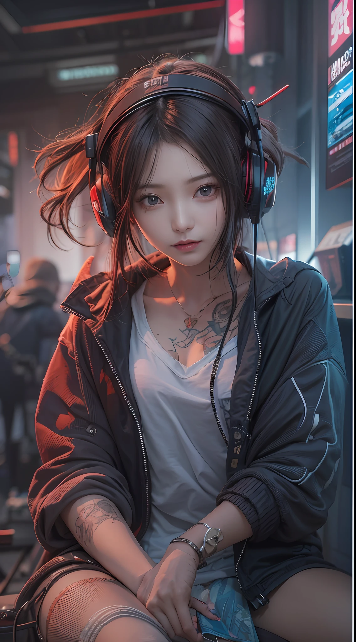 ​masterpiece, 1 beautiful girl, Detailed eye, Swollen eyes, top-quality, 超A high resolution, (reality: 1.4), 电影灯光, japanes, a asian beauty, very extremely beautiful, Beautiful skins, A slender, Forward-facing body, (A hyper-realistic), (hight resolution), (8K), (ighly detailed), ( Best Illustration), (beautifully detailed eyes), (ultra-detailliert), 详细的脸, Bright lighting, Professional lighting、The background is a cyberpunk room with many monitors、The cord is connected from the costume、Hair color is red、headset on head、small tattoo on face、Female Game Commentator