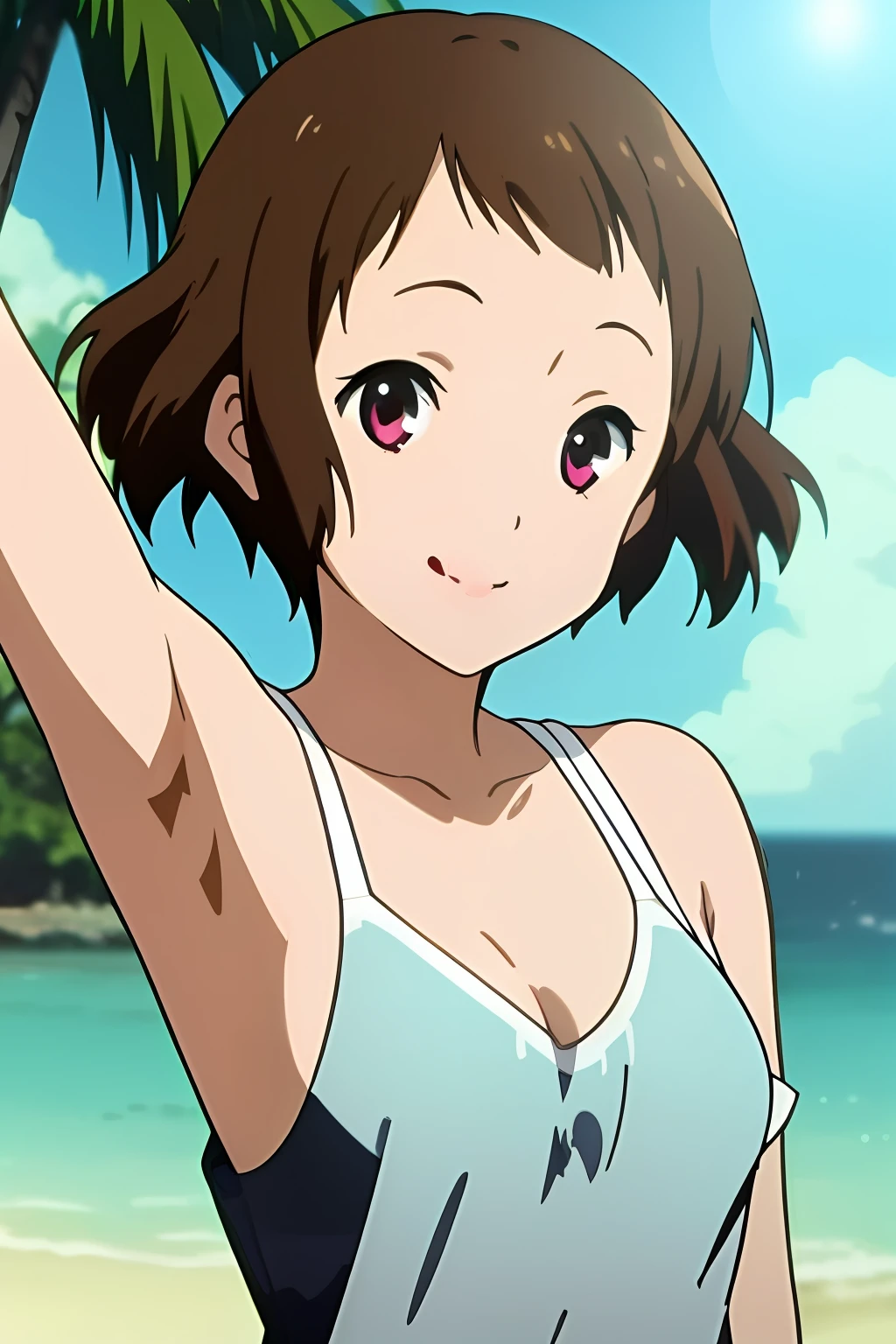 masterpiece, best quality, ibara_mayaka,  looking at viewer, solo, upper body, swimsuit, small_breast, beach, outdoor, smile, close_mouth, standing, lens flare abuse, presenting armpit, (()), arm up, armpits, clothes flipped, ((((Lick armpit))))