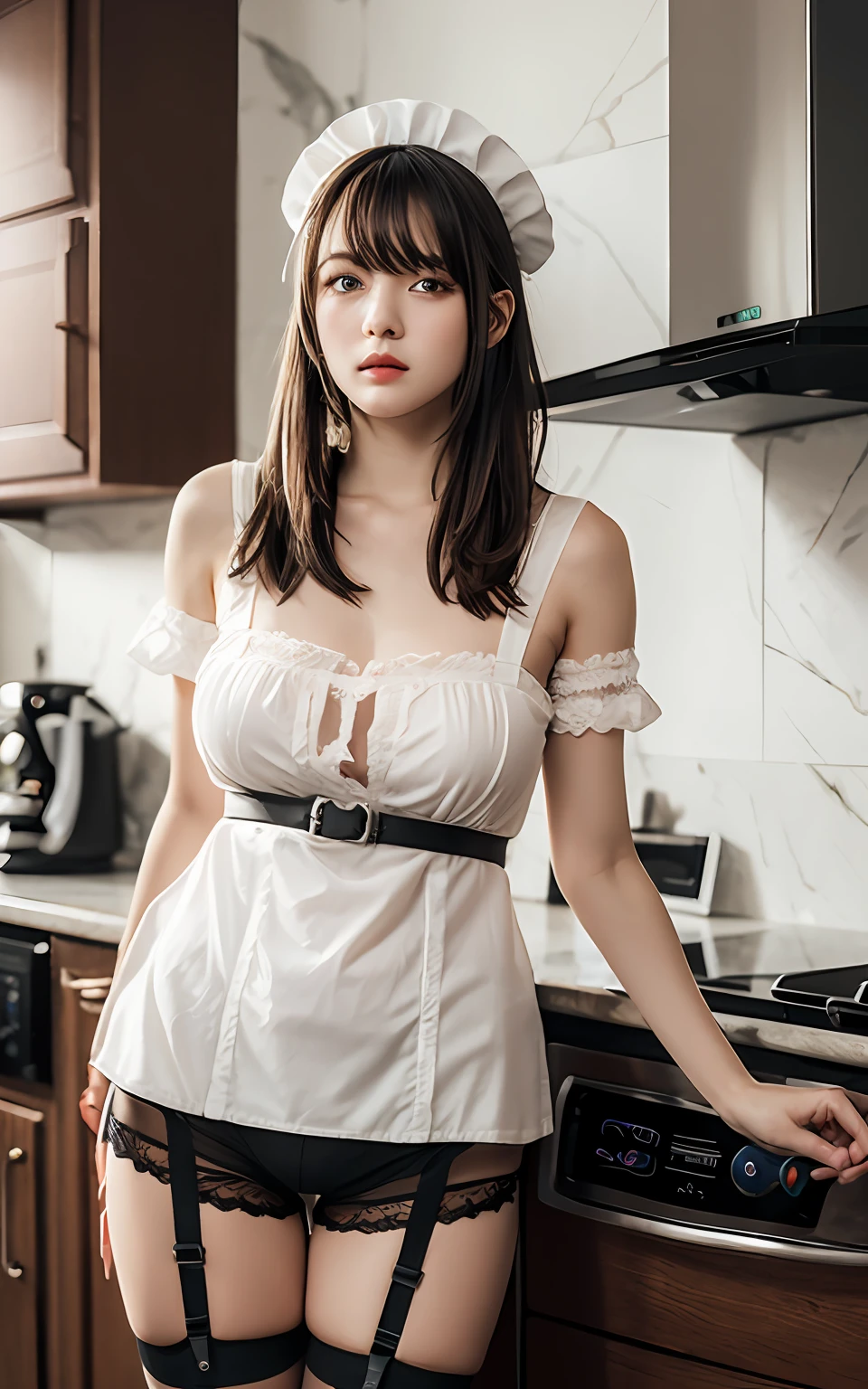 Highly detailed CG Unity 8k wallpaper, top quality, super detailed, masterpiece, realistic, photorealistic, highly detailed cute girl, 25 years old,  (black garter belt),  blush,  parted lips, round eyes, medium breasts, viewer, full body shot , kitchen, Maid clothes