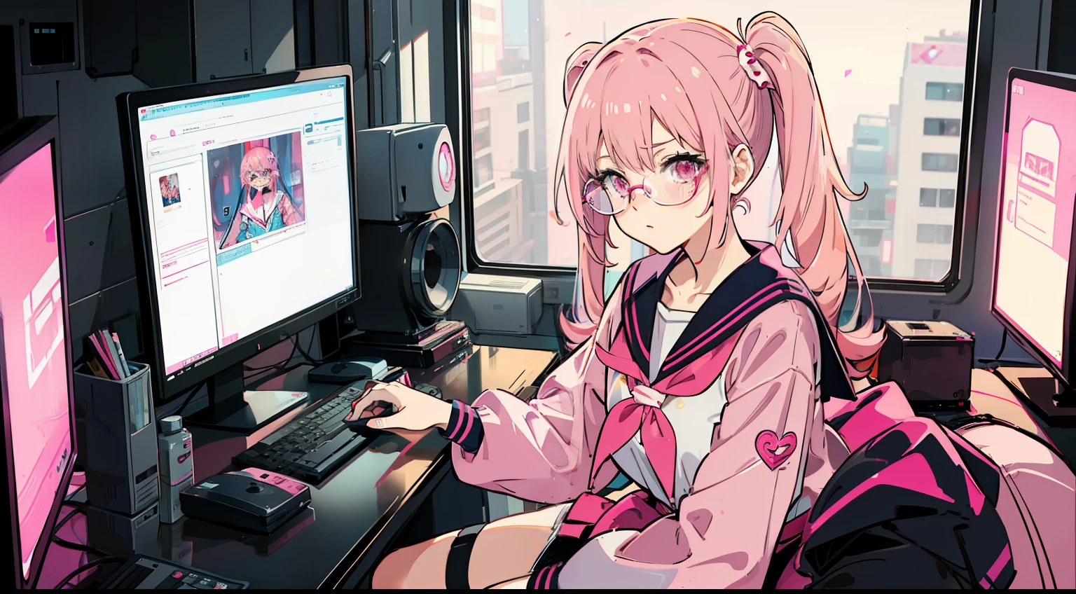 1girl in, Pink hair, Pink eyes, Glasses, Sailor Suit, Sitting, wariza, Pink Cyberpunk, Room with many monitors, Pink fluorescent lamp