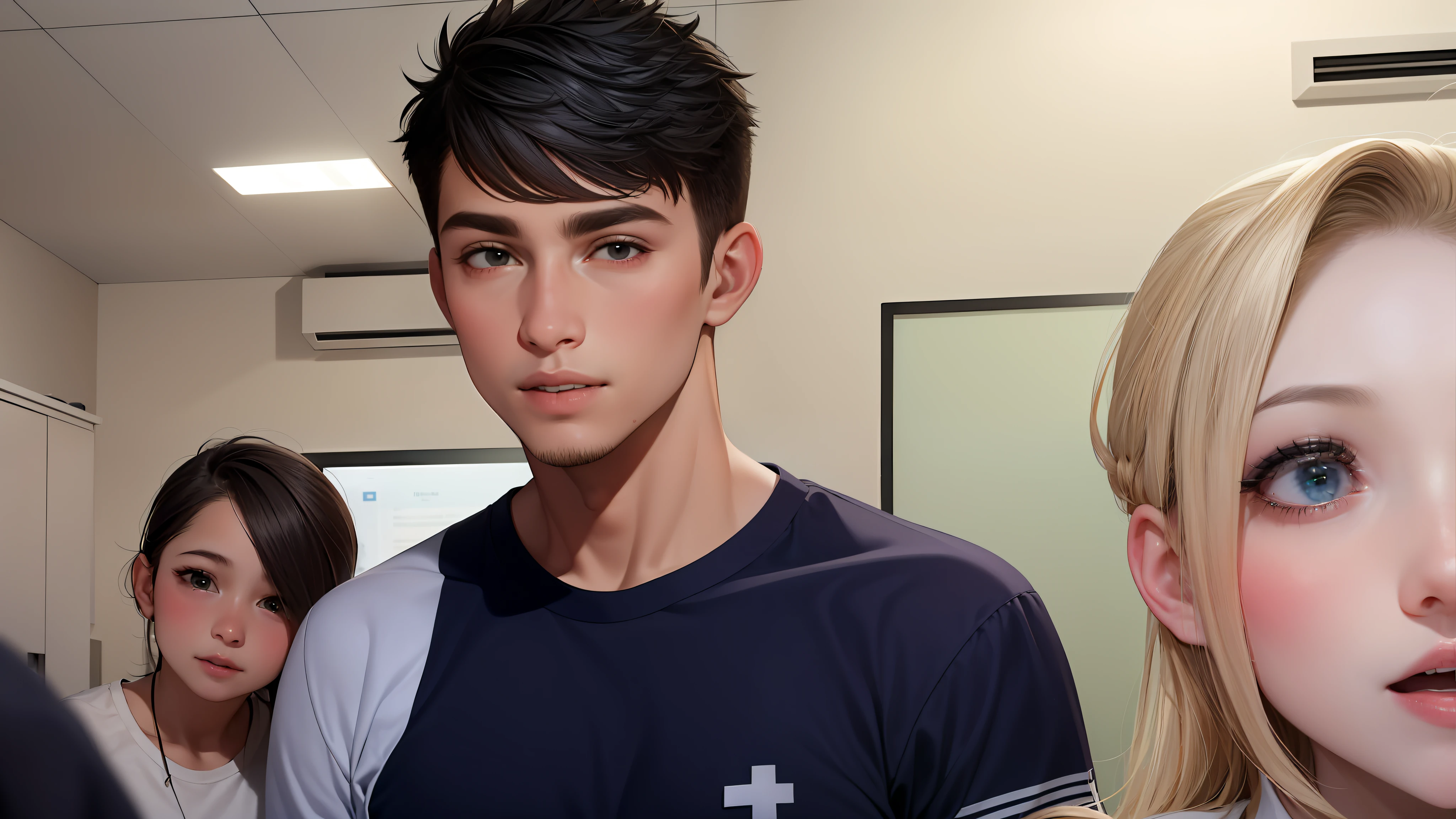 Two -yeld tege friends chatting at school share a secret that they are almost friends like siblings.. (usar los mismo personajes)