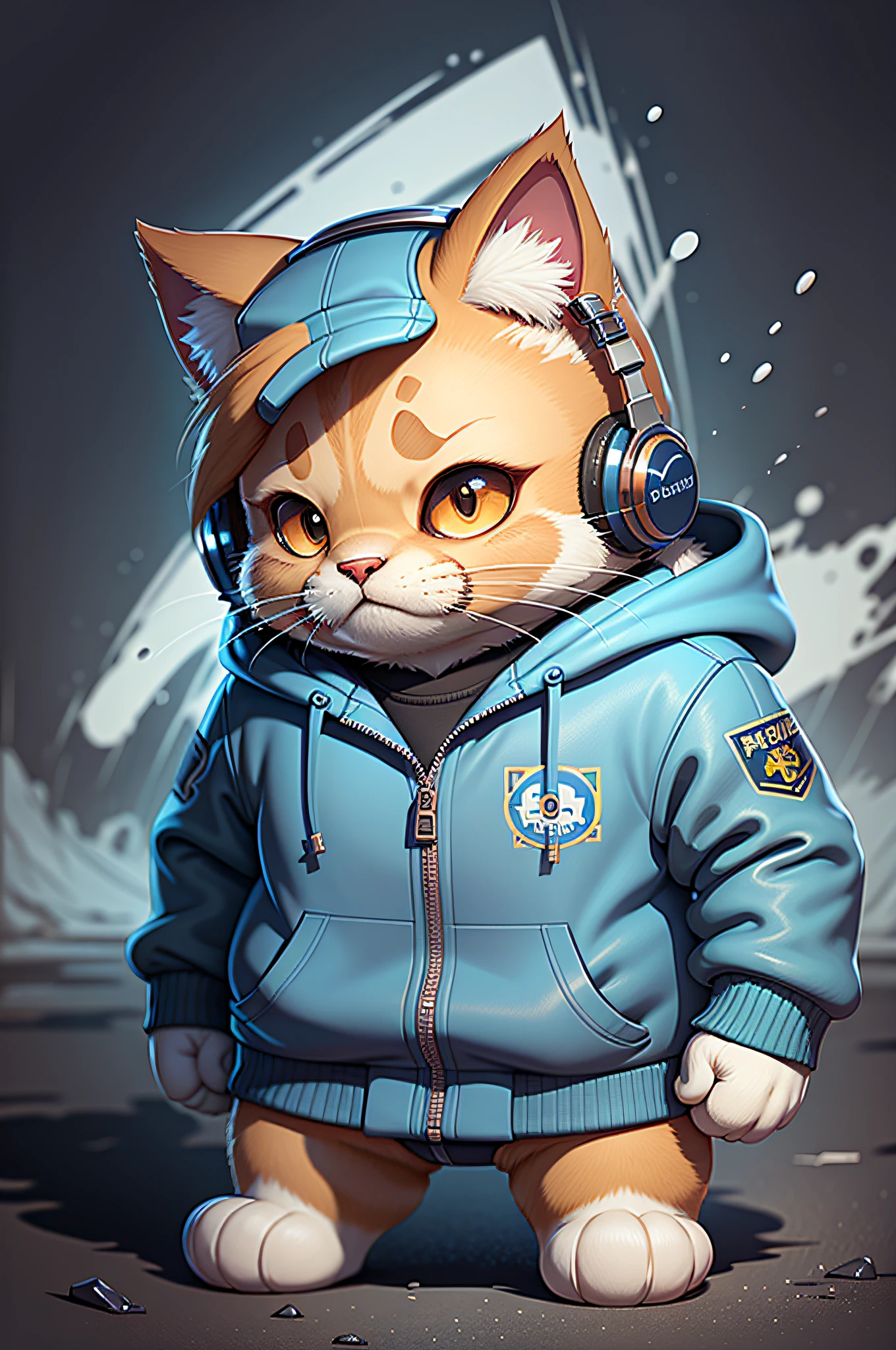 c4tt4stic,A cartoon cat wearing headphones and a blue jacket,Attentive eyes ,fur, challenger, agile, engaging, Stylish sportswear,nylon, Fast paws,walking at street, (Tokyo Night Street Background 2021),masterpiece, best quality, ultra-detailed,8k wallpaper,Hyper-Resolution, Unreal 5