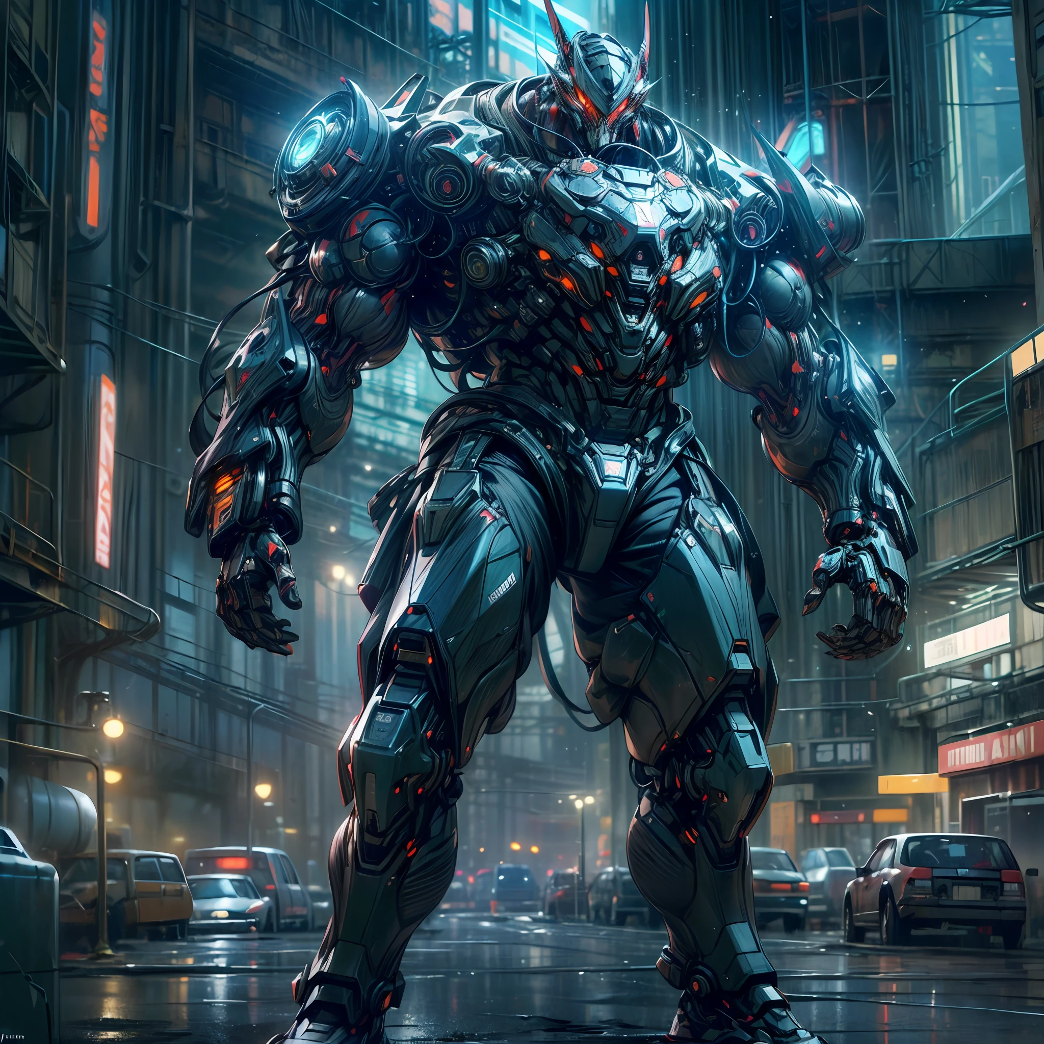 (anthropomorphism:1.5), (Full Body), Cyberpunk, In the middle, 1 bull mecha(Mechanical style bull head, Blue glowing goggles, Gas mask, muscular limbs, muscular body), Standing on two legs, mechanical miracle, damaged Machine element,nobody, Moonlight, Dreamy Glow, ruined city, ( Global illumination, raytracing, HDR, unreal render,reasonable design, masterpiece, best quality, UHD, Cinematic Lighting)