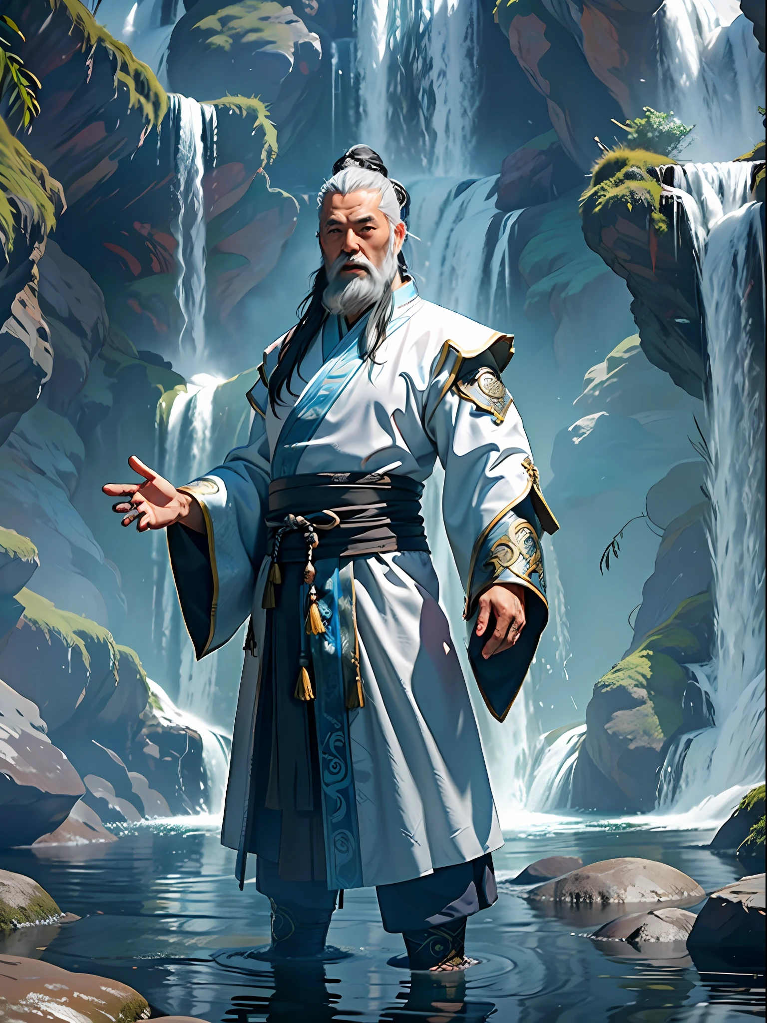 A Taoist priest, 65 yeas old, gray hair and beard, standing in water, had his hands folded, Next to it is a barrier formed by water, The background is a waterfall, Eye level shots, Sony FE GM, Masterpiece, Anatomically correct, Super detail