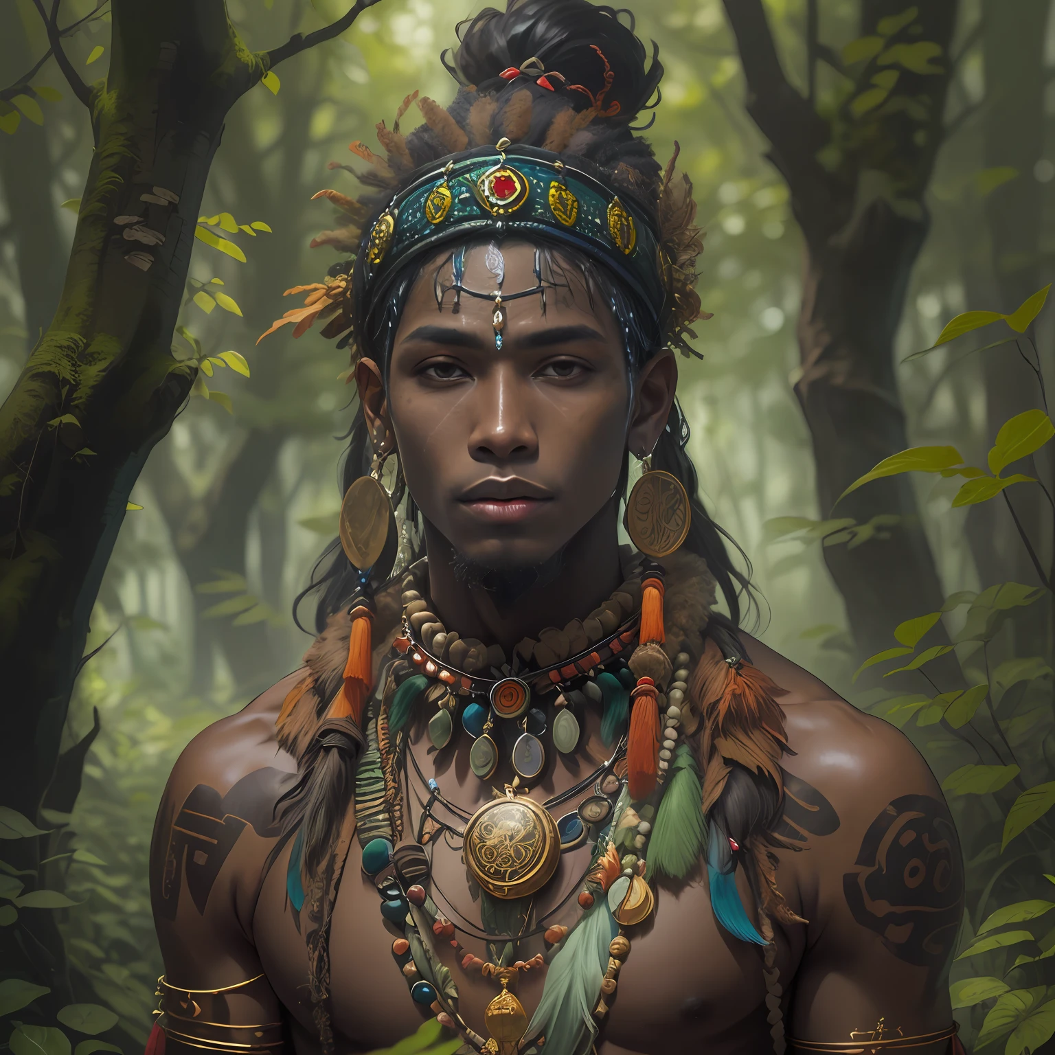 (Best quality), (Super fine), (Masterpiece), illustration, (Young man), In the forest, shaman, Black skin, Wear shaman medals, DOA