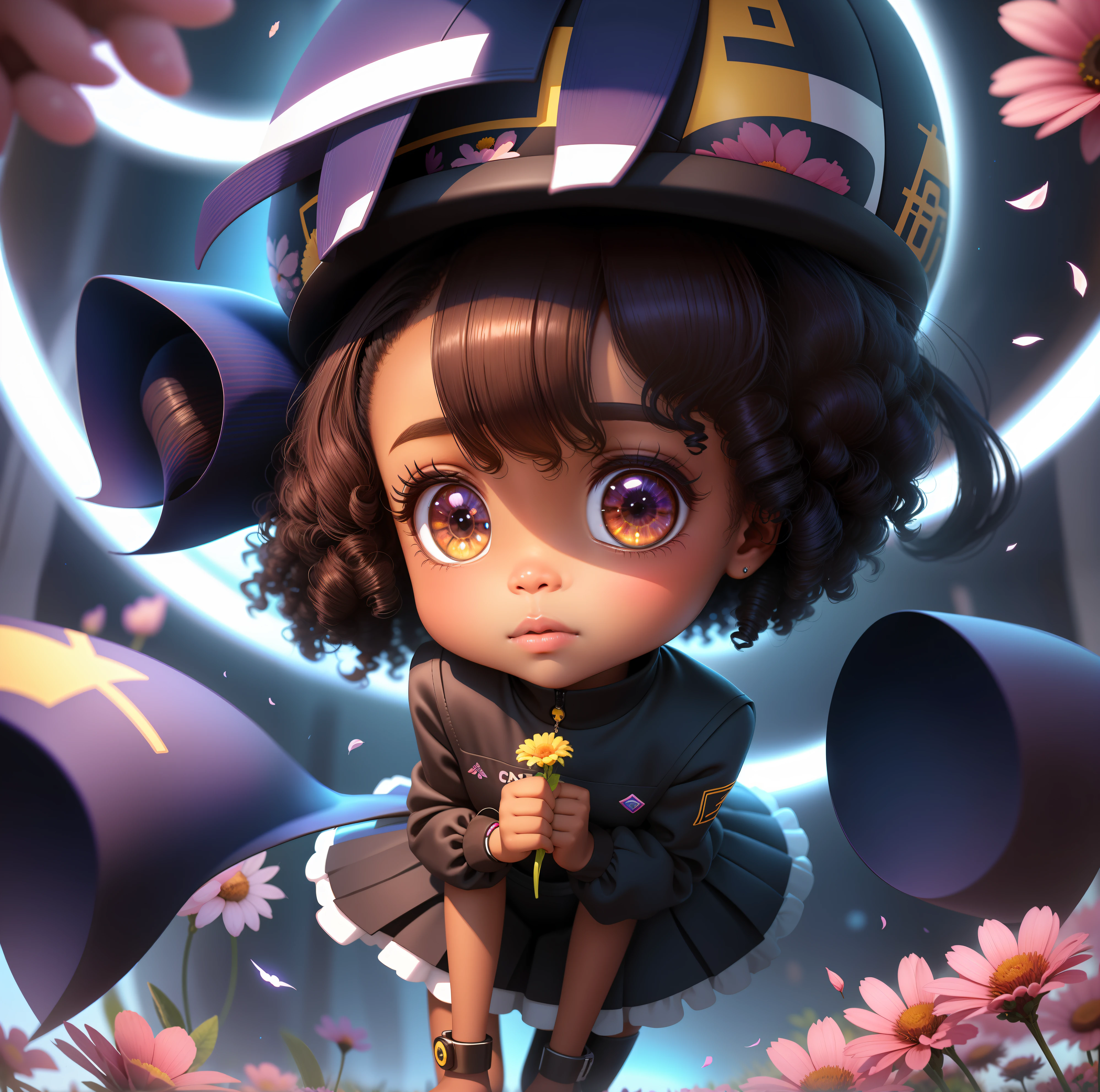 Black futuristic cartoon girl with flower in hand kneeling in a field of flowers, bela arte digital, arte digital detalhada bonito, painting digital adorable, menina negra nas flores, Bom anime, Soft anime illustration, arte fofa, menina Bom anime, kawaii retrato realista, menina chibi, Loli, official illustration, menina preta bonito, menina afro bonito, advanced digital chibi art