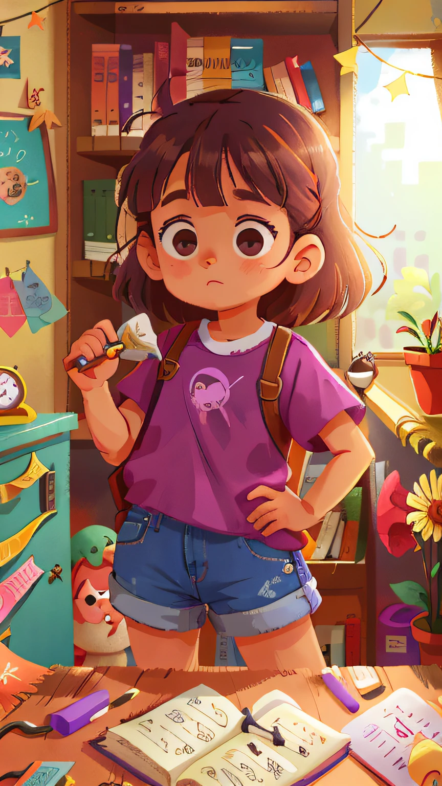 uma menina de 6 anos de idade, de cabelo curto ruivo e enrolado, She's wearing a purple blouse and jean shorts, An old wooden cabinet, empoeirado, is in a room full of boxes, qualidade perfeita, foco claro (mess - house: 0.8), (obra-prima: 1.2) (Realista: 1.2) (Bokeh) (Melhor qualidade) (Pele detalhada: 1.3) (Detalhes intrincados) (8K) (Detalhe Olho) (foco nítido), (curiosa)