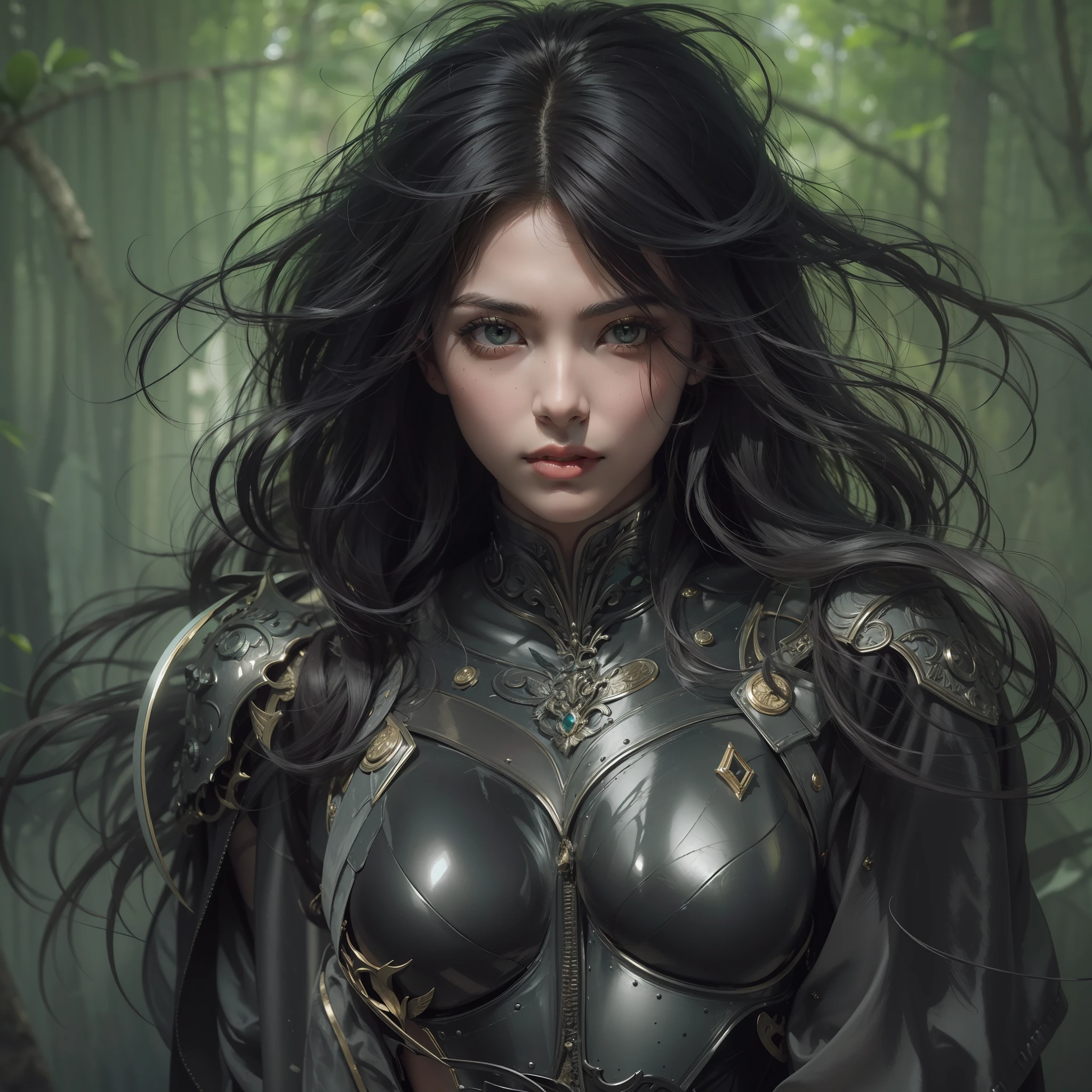 "(((obra-prima))), melhor qualidade, ultra-detallhado, High resolution CG image with a beautiful woman with black hair with bright green eyes, retratados em detalhes fascinantes. His delicate body is accurately represented at every angle. Ela possui longos cabelos preto que caem suavemente sobre sua jaqueta de couro preta. The upper part of his body is sculpted to perfection. "