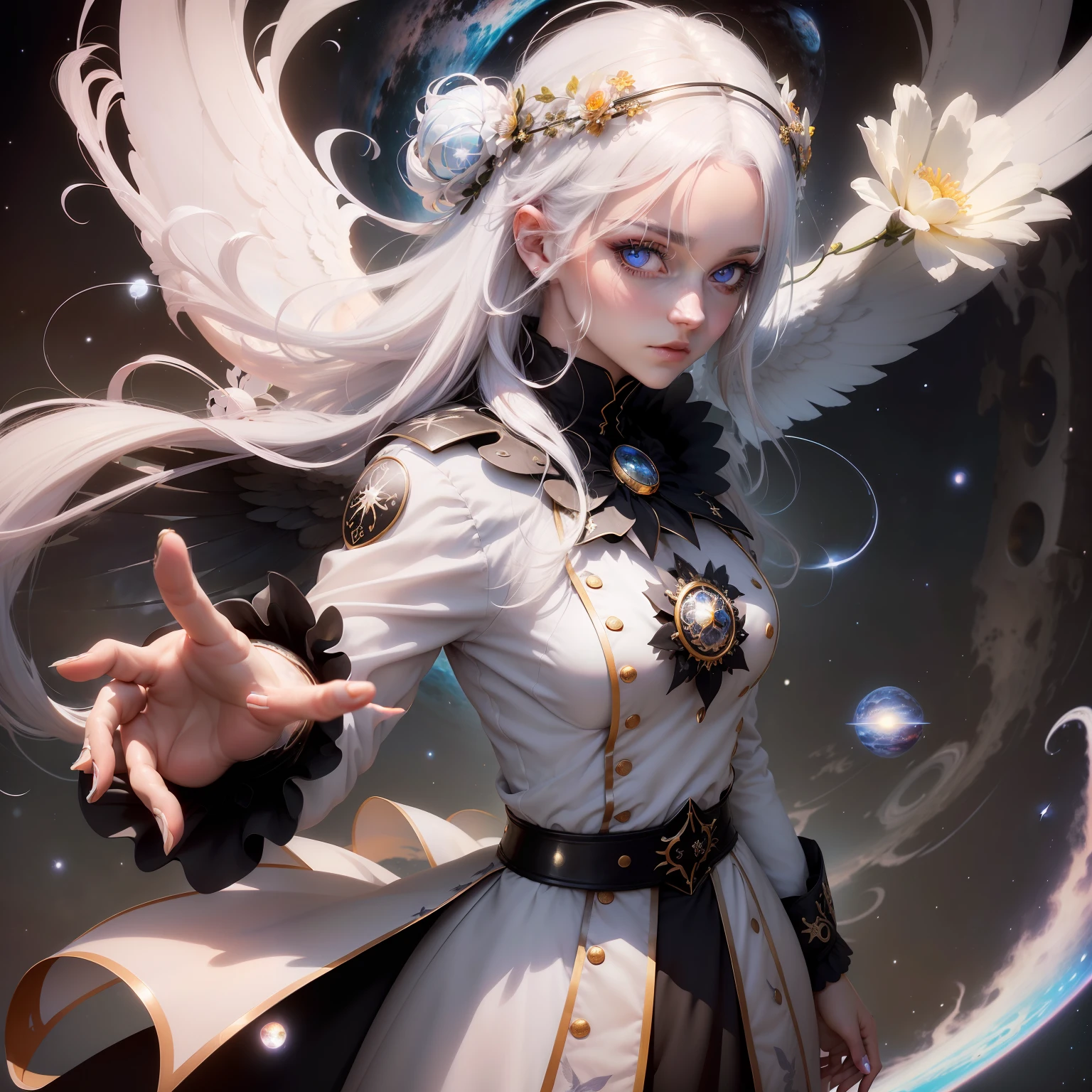White hair, Sterne im Hintergrund, Rosa Aura um die Person, (Magische Aufladungsattacke), ((Gute Augen)), ((funkelnde Augen)), Blume im Haar, ((Good wing)), large ((planets in the background)), (((leuchtende hellblaue Augen))), ((good eyes)), ((goddess))