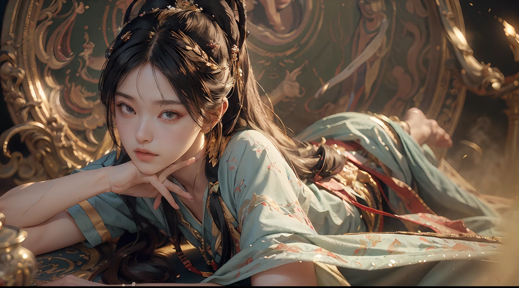 (RAW photo, best quality), (realistic, photo-realistic:1.3),best quality,highly detailed,masterpiece,ultra-detailed,illustration,1girl,upper_body,dynamic angle,world masterpiece theater,messy_long_hair,best quality,extremely detailed CG unity 8k wallpaper,ink,Amazing,cinematic lighting,lens_flare, dunhuang_style