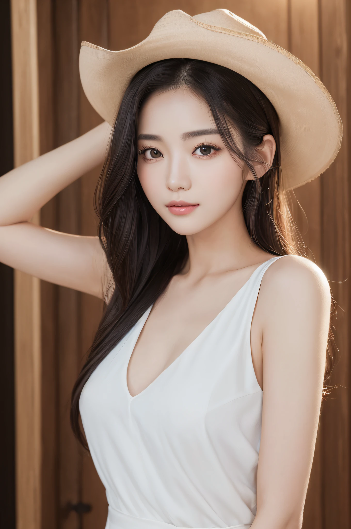 ((best qualtiy、8k masterpieces:1.3))、foco nítido:1.2、(ultra beautiful faces:1.0)、(shinny skin:1.0)、photos realistic、A dark-haired、Video Lighting、High-definition eyes and face、Video Lighting、(cowboy shot:1.3)、(Korean Cute Actress)、from the front side、ssmile、Sleeveless、Slender Abs Beauty、Wearing a white blouse