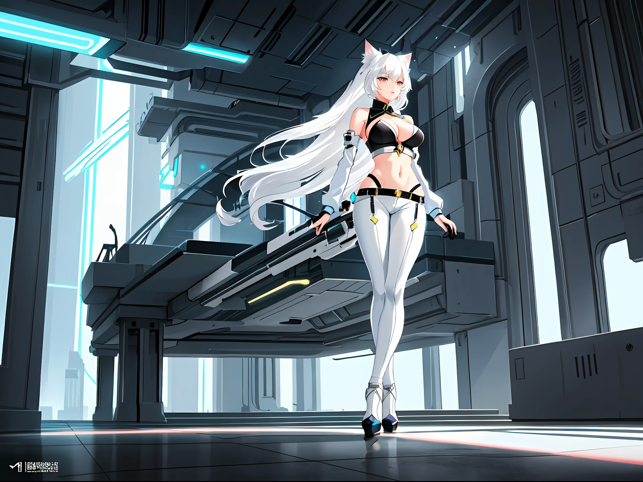 A captivating illustration of a beautiful girl with cat ears and a cat tail, her mesmerizing white hair cascading gracefully. She dons a stylish body suit, revealing a midriff, medium-sized breasts, and a delicate collarbone with a hint of cleavage. The futuristic clothes add a touch of elegance to her appearance. The artwork is accentuated with flowing neon text, enhancing the allure of the scene and giving it a dynamic and futuristic feel. This illustration perfectly captures the enchanting charm of the girl and the allure of futuristic aesthetics, creating a visually stunning portrayal,