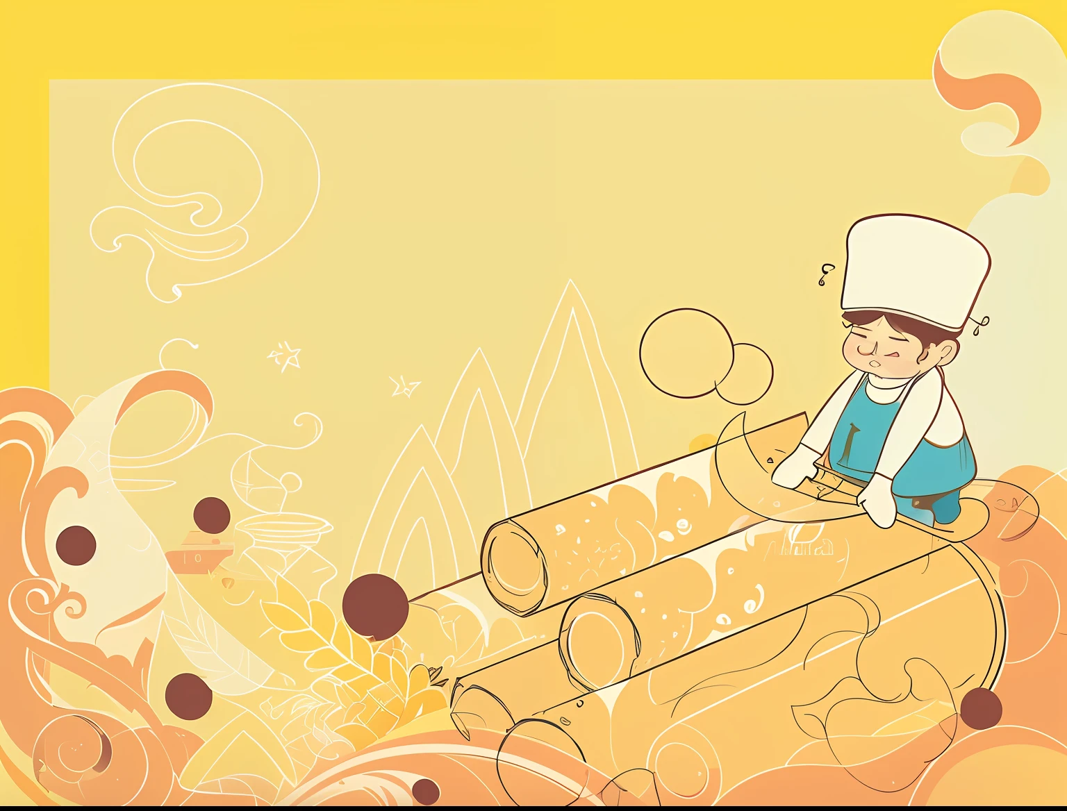 There is a caricature of a chef making a large egg roll, background artwork, the wallpaper!, illustration!, Mellow, arte de fundo, Banner, A beautiful artwork illustration, illustratio, animation illustrative style, papyrus, very coherent stylized artwork, wallpaper - 1 0 2 4, background-image, baking artwork, fairy tale style background, illustratio