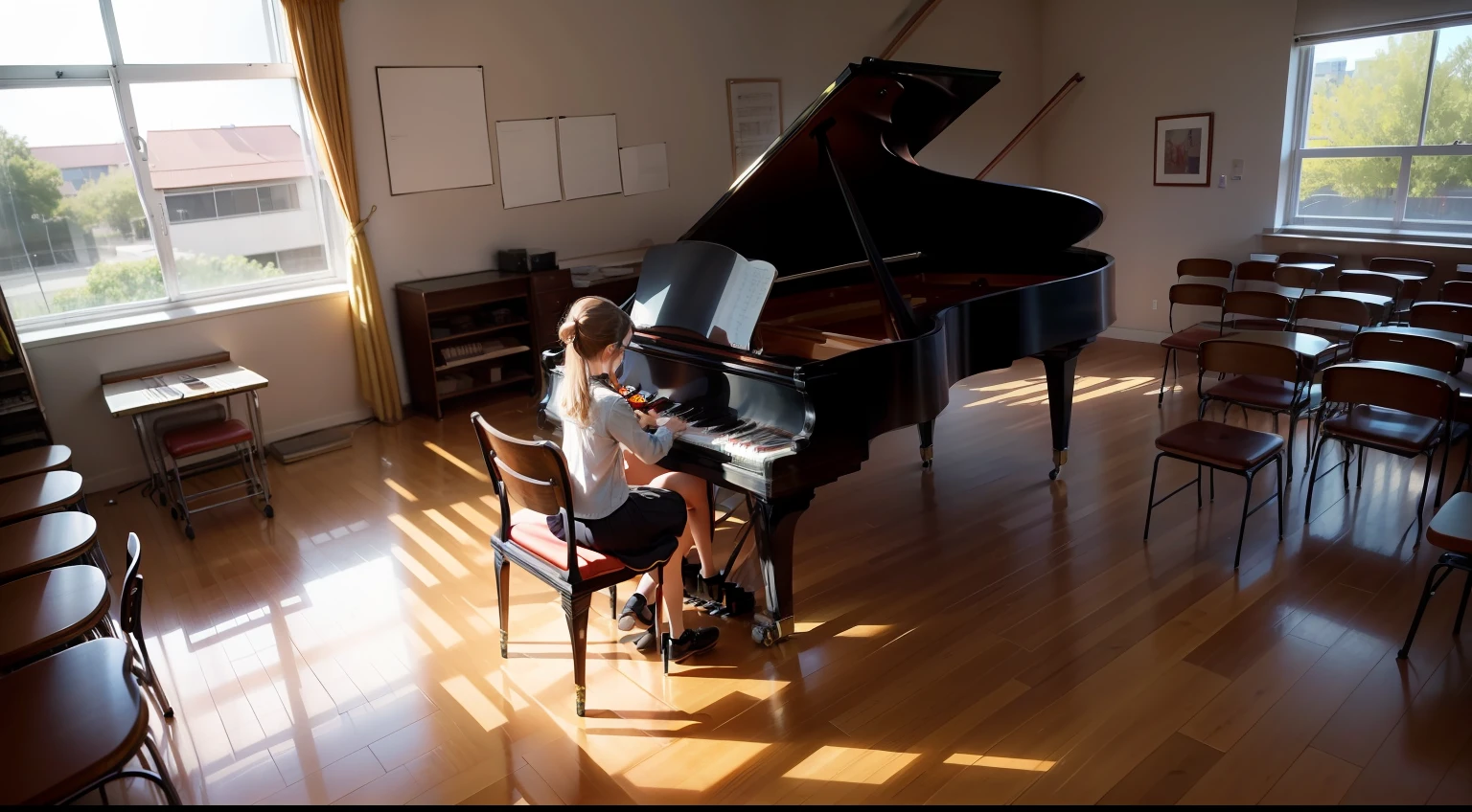 Music classroom,A girl is rehearsing,40-year-old teacher,pianos,violin,lots of people