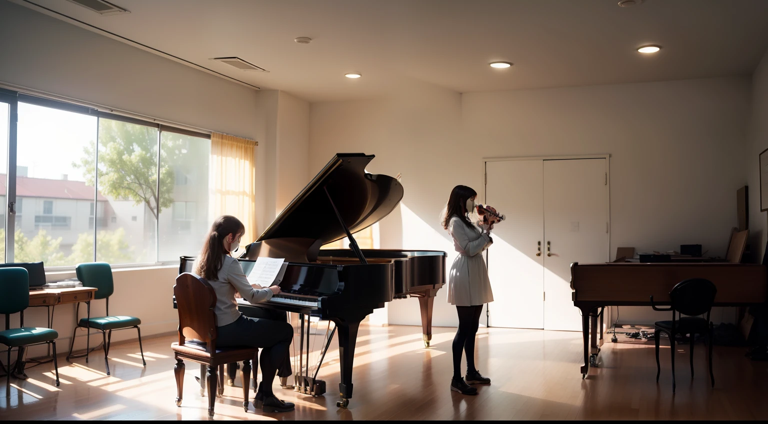 Music classroom，A girl is rehearsing，40-year-old teacher，pianos，violin，lots of people