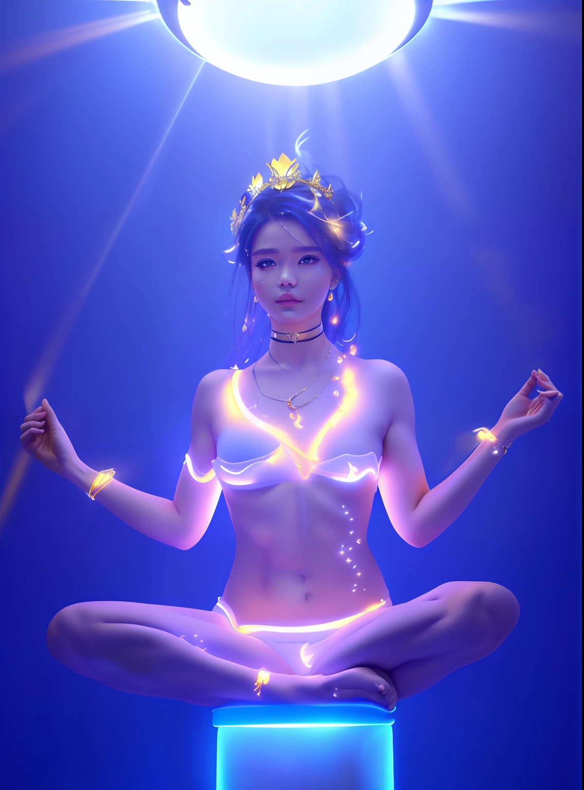 The beautiful goddess sits on a large lotus flower,Gentle expression,16 yaers old,(((body high:1.5))),((middlebreast:1)),(Abs:0.7),(glute:1.2),(healthy-looking skin, Thin skin, seductiveexpression, 二重まぶた,Jelly textured lips, Glowing lips,Small upturned lips,Shiny skin,(((Flawless skin texture))),Real pores,ctextured skin,choker necklace,Yingluo,(Dynamic hair,Hair hanging down the shoulders,Beaded hairpins,Fancy crown,Nobile,Yingluo,choker necklace),Glossy glossy skin,Glowing skin,Radiant hair,eyes looking at the lens,There was a round light behind him,Light,Blue sky less white clouds,
High quality detailing, Cinematic lighting,absurderes, unbelievable Ridiculous, hugefilesize, ultra - detailed, A high resolution, The is very detailed,best qualtiy,tmasterpiece,illustratio,The is very detailed,CG,unified,8k 壁纸,Amazing Cleavage,finely detailled,tmasterpiece,(((dynamicposes))), ((Correct anatomy)),(((Correct dissection))