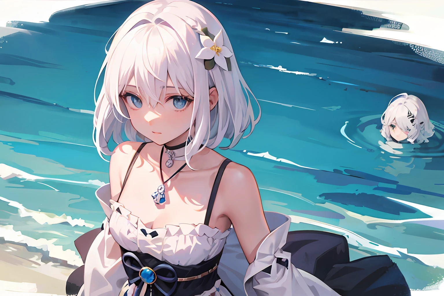 white hair&silber hair white of the eye hide one eye Medium Hair Smaller chest a choker Flower Hair Ornament Lori sea side Japan Anime illustratio Anime High Quality