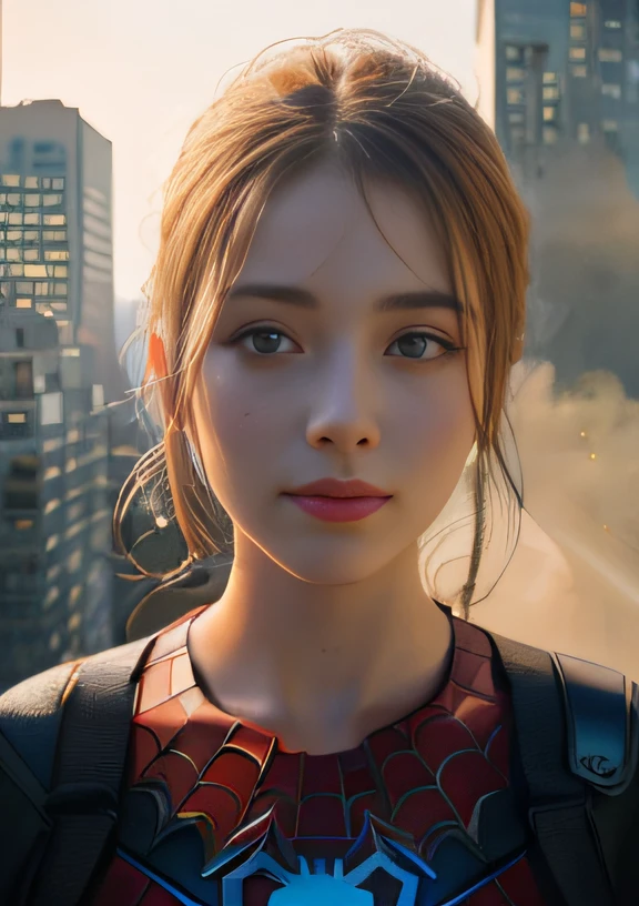 (1girl:1.3), Solo, (((Very detailed face)))), ((Very detailed eyes and face)))), Beautiful detail eyes, Body parts__, Official art, Unified 8k wallpaper, Super detailed, beautiful and beautiful, beautiful, masterpiece, best quality, original, masterpiece, super fine photo, best quality, super high resolution, realistic realism, sunlight, full body portrait, amazing beauty, dynamic pose, delicate face, vibrant eyes, (from the front), She wears Spider-Man suit, red and black color scheme, spider, very detailed city roof background, rooftop, overlooking the city, detailed face, detailed complex busy background, messy, gorgeous, milky white, highly detailed skin, realistic skin details, visible pores, clear focus, volumetric fog, 8k uhd, DSLR, high quality, film grain, fair skin, photo realism, lomography, futuristic dystopian megalopolis, translucent